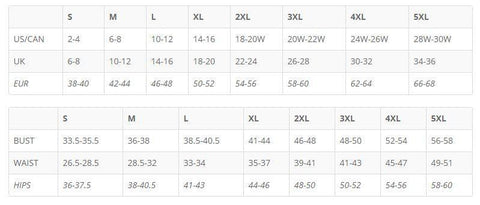 Body Hush Sizing Chart