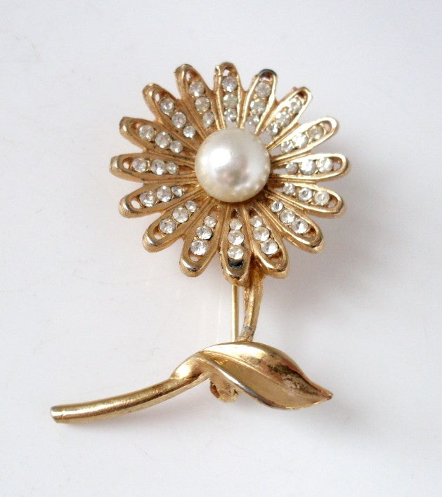 Vintage Flower Brooch Pearl Center Gold-tone and Clear Rhinestone ...