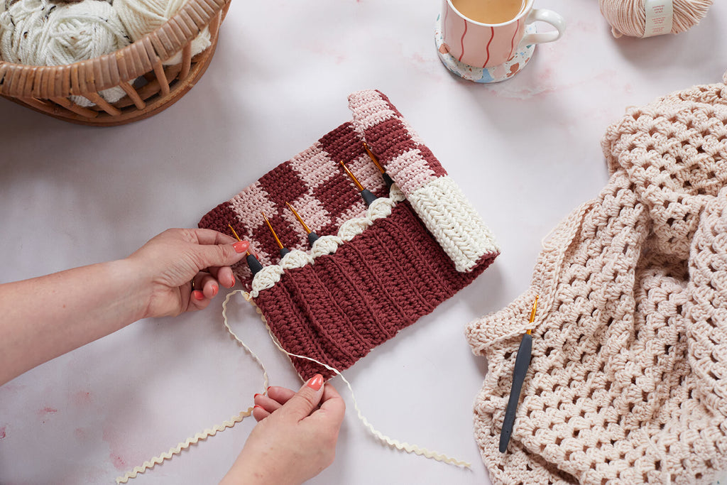 Crochet hook roll and a cup of tea