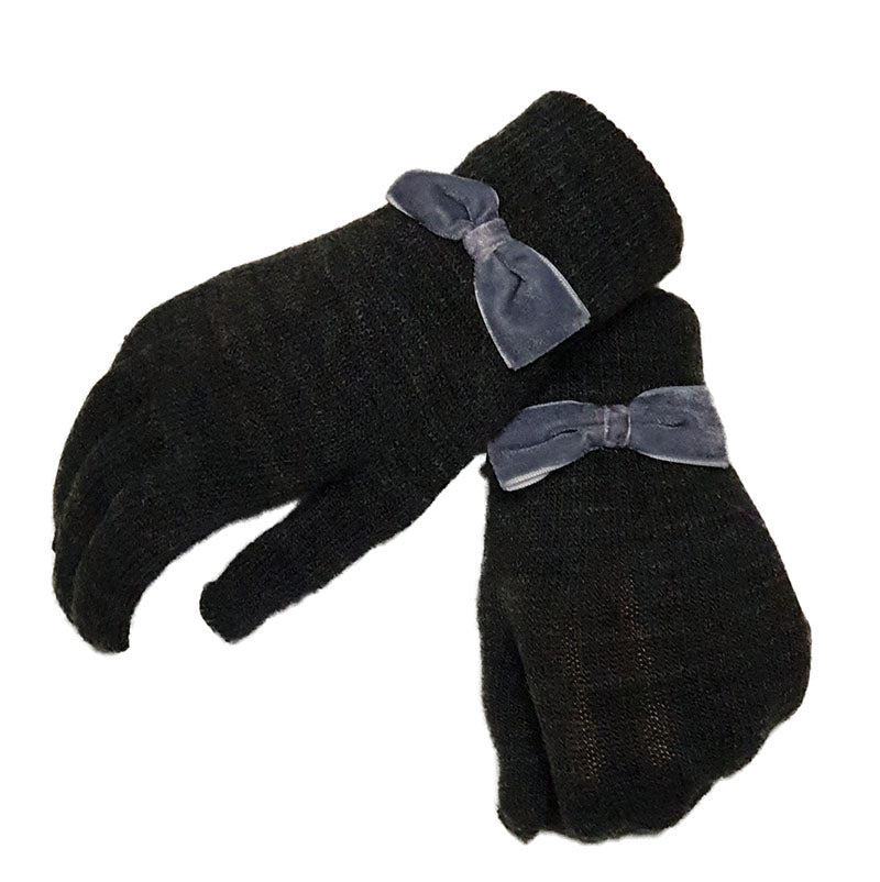 Women winter gloves with bow accent (black)