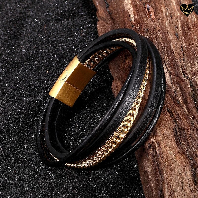 Bracelet Cuir Noir avec Chaine Cubaine en Acier pour Homme