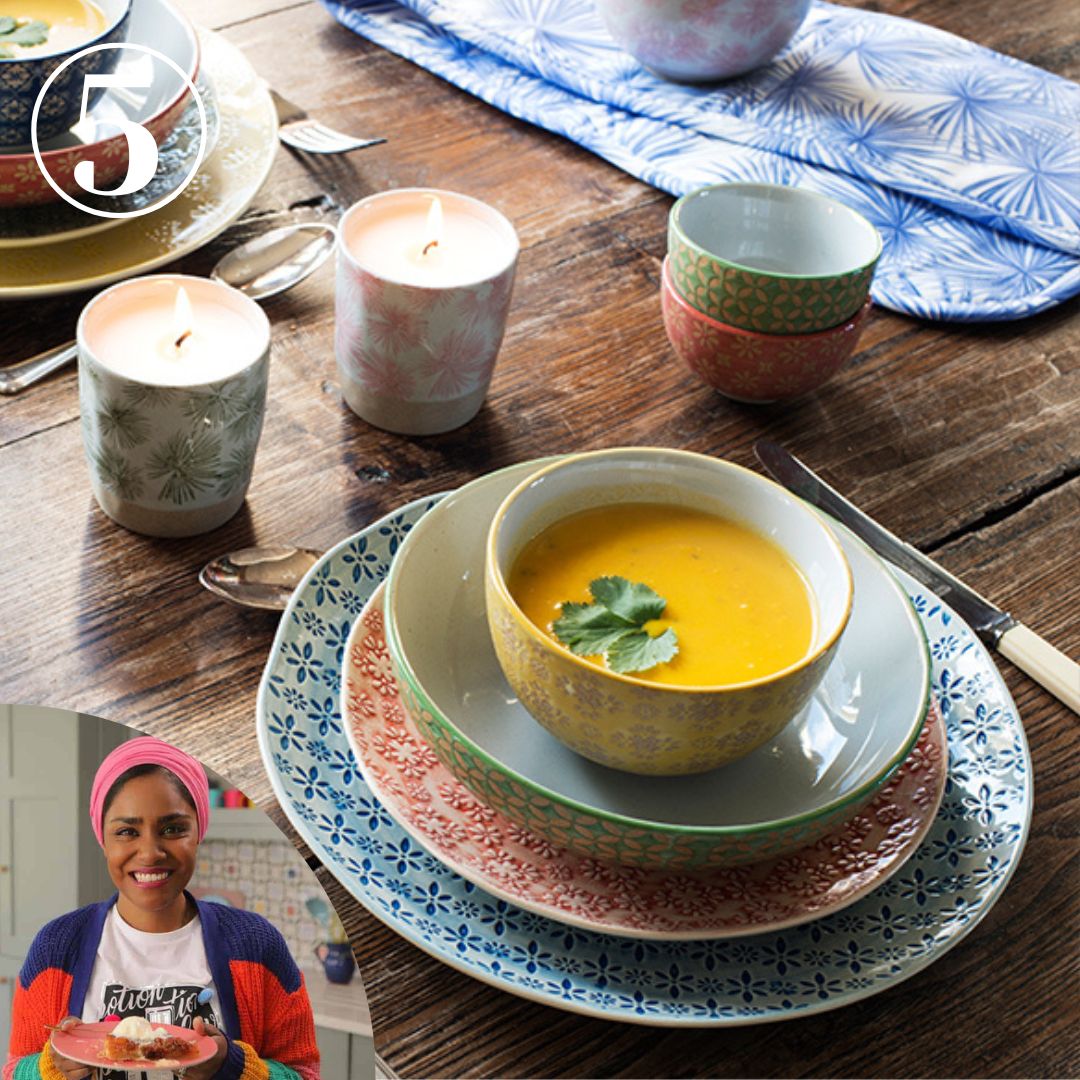 Nadiya Hussain dinnerware collection for BlissHome with photo of Nadiya