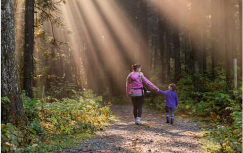 Mother and child hiking in forest trail