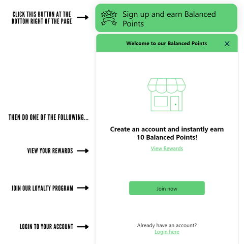 Steps to sign-up for Balanced Points, login to account and view rewards.