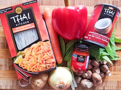 ingredients for Thai red curry noodles with vegetables