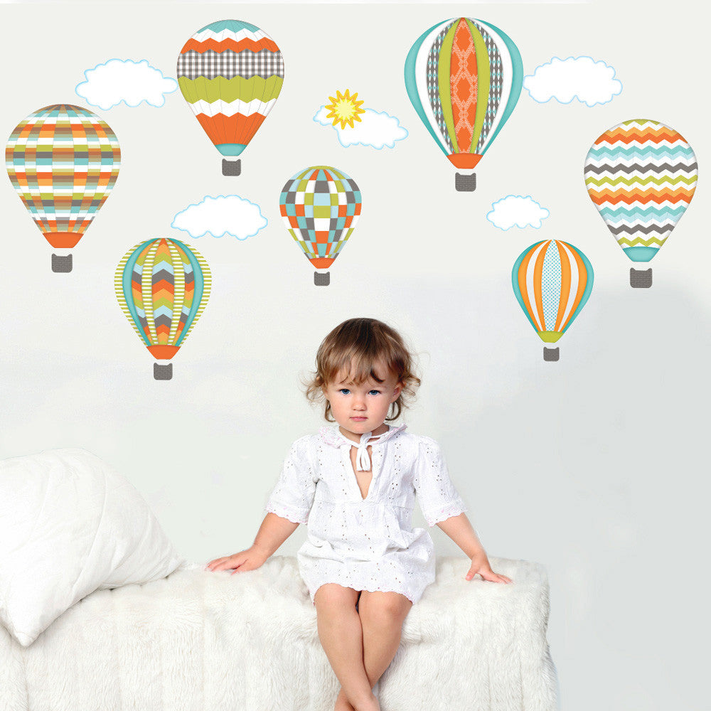 Hot Air Balloons and Clouds Wall Decals, Turquoise, Gray, Orange, Eco