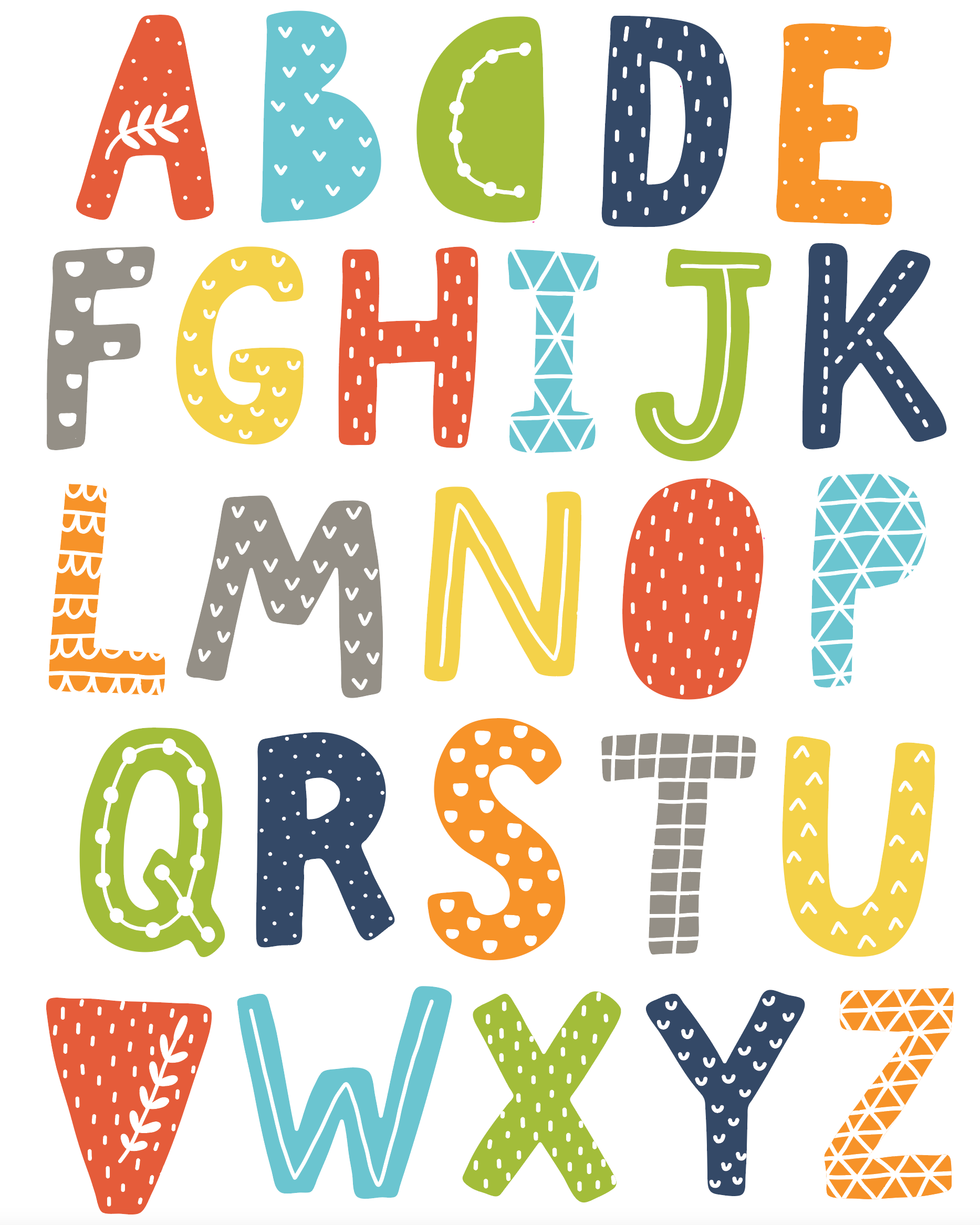 Alphabet Decals, Scandinavian Design Decals, ABC's, Navy Orange Teal A