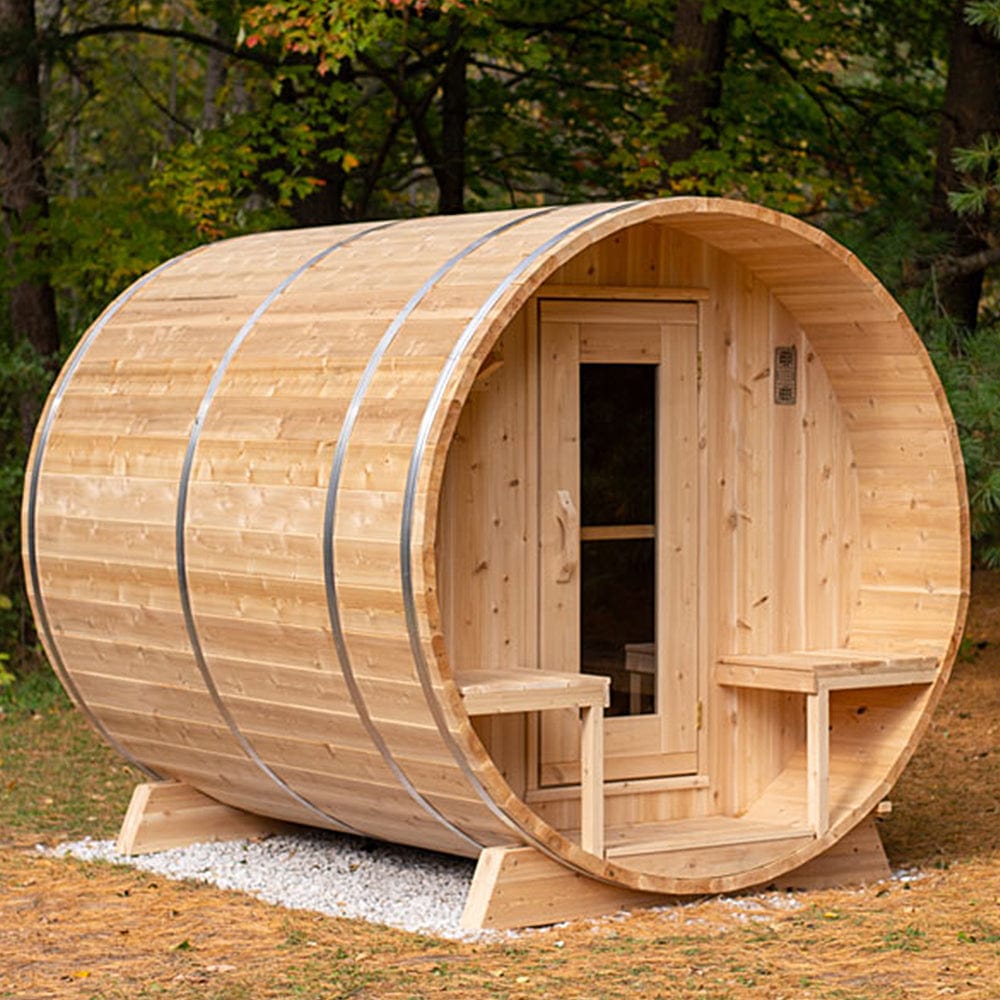 An image of the Dundalk Canadian Timber White Cedar Outdoor Barrel Sauna with free shipping.
