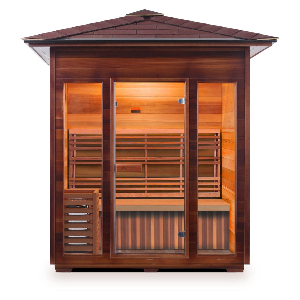 The Enlighten Dry Traditional Sauna SunRise - 4 Peak - 4 Person Outdoor Sauna with a peaked roof.