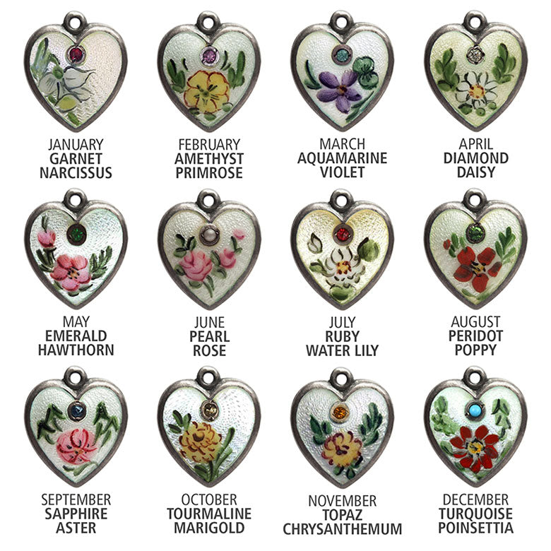 Walter Lampl enamel flower gemstone month puffy heart charm set