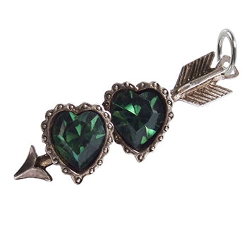 Vintage and Silver Green Crystal Double Hearts and Arrow Charm