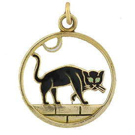 Vintage enamelled gold black cat charm