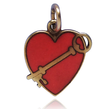 14k 14ct gold and red enamel Heart and Key Charm