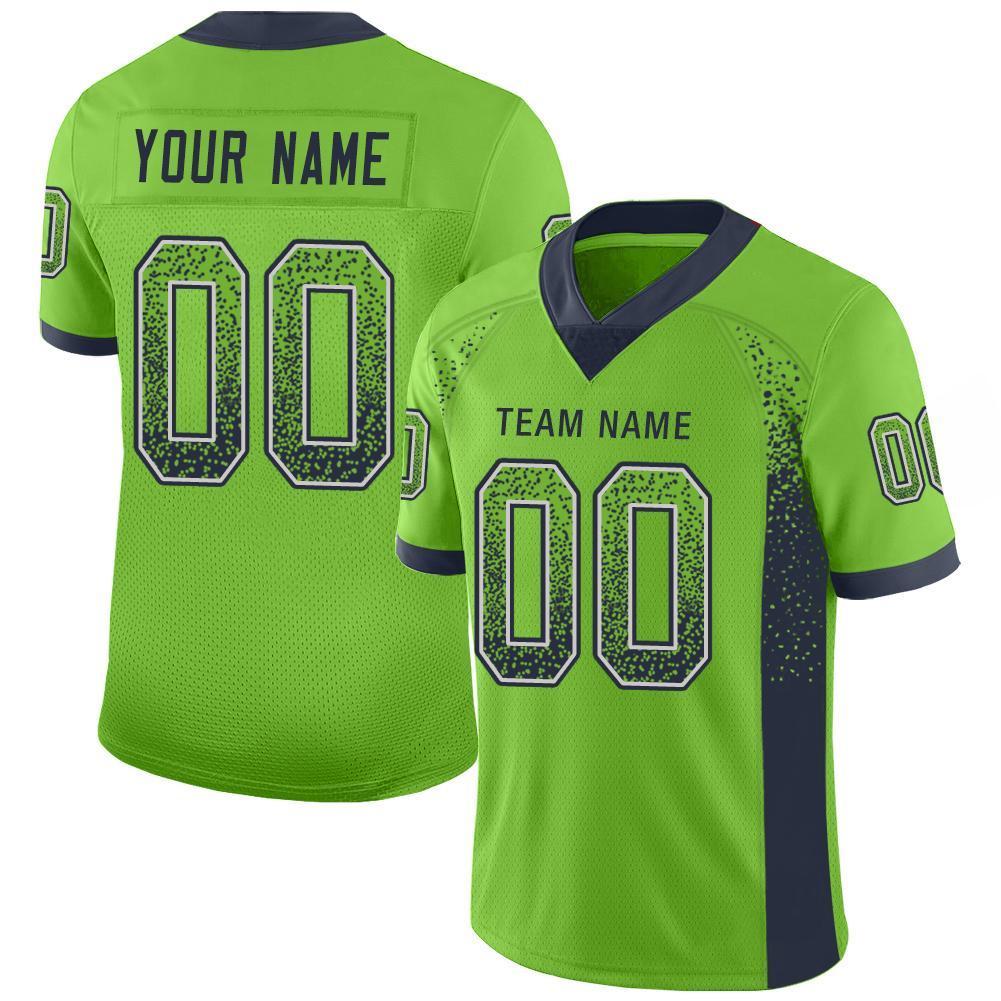 Custom Neon Green Navy-Gray Mesh Drift Fashion Football Jersey Sale ...