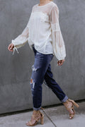shevintagecharm White Fashion Lantern-Sleeve Lace Patchwork Top