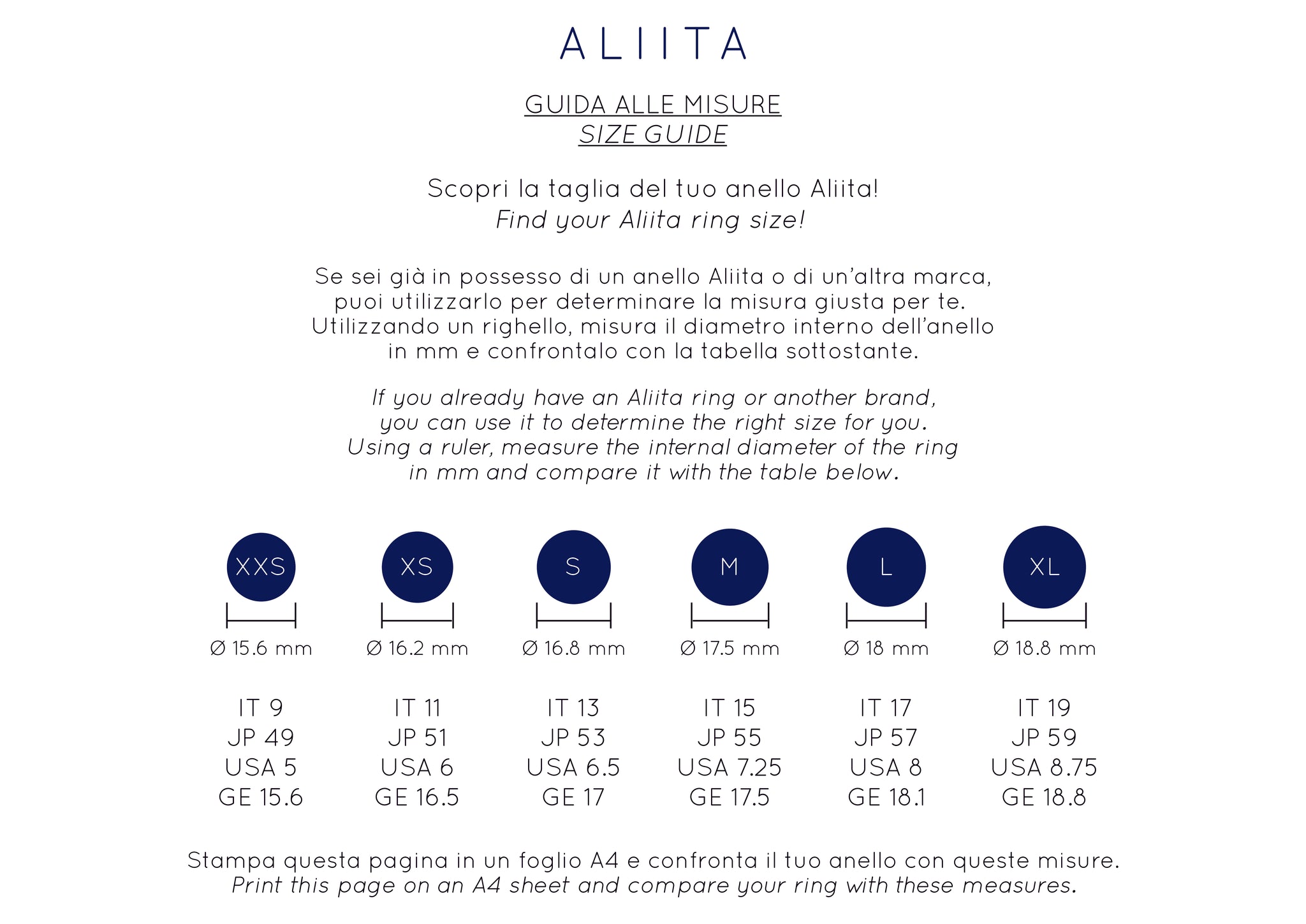 Aliita's rings size chart