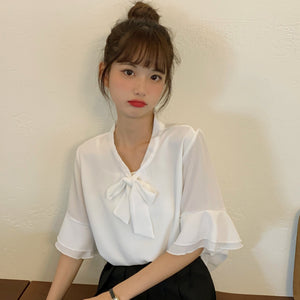 リボンデザインフリル袖半袖ブラウス 春夏 韓国ファッション サステナモール