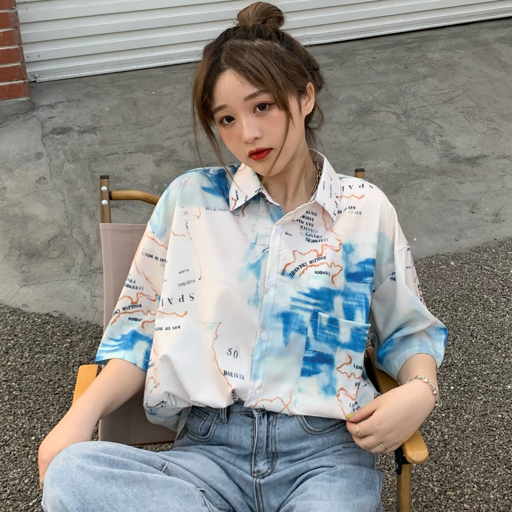 ユニーク柄半袖シャツ 春夏 韓国ファッション サステナモール