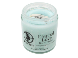 4 oz glass jar filled with pastel blue body butter and topped with a white howlite gemstone and labeled with a clear label that reads: Eternal Love Body Butter. Pumpkin Spice & Vanilla. 