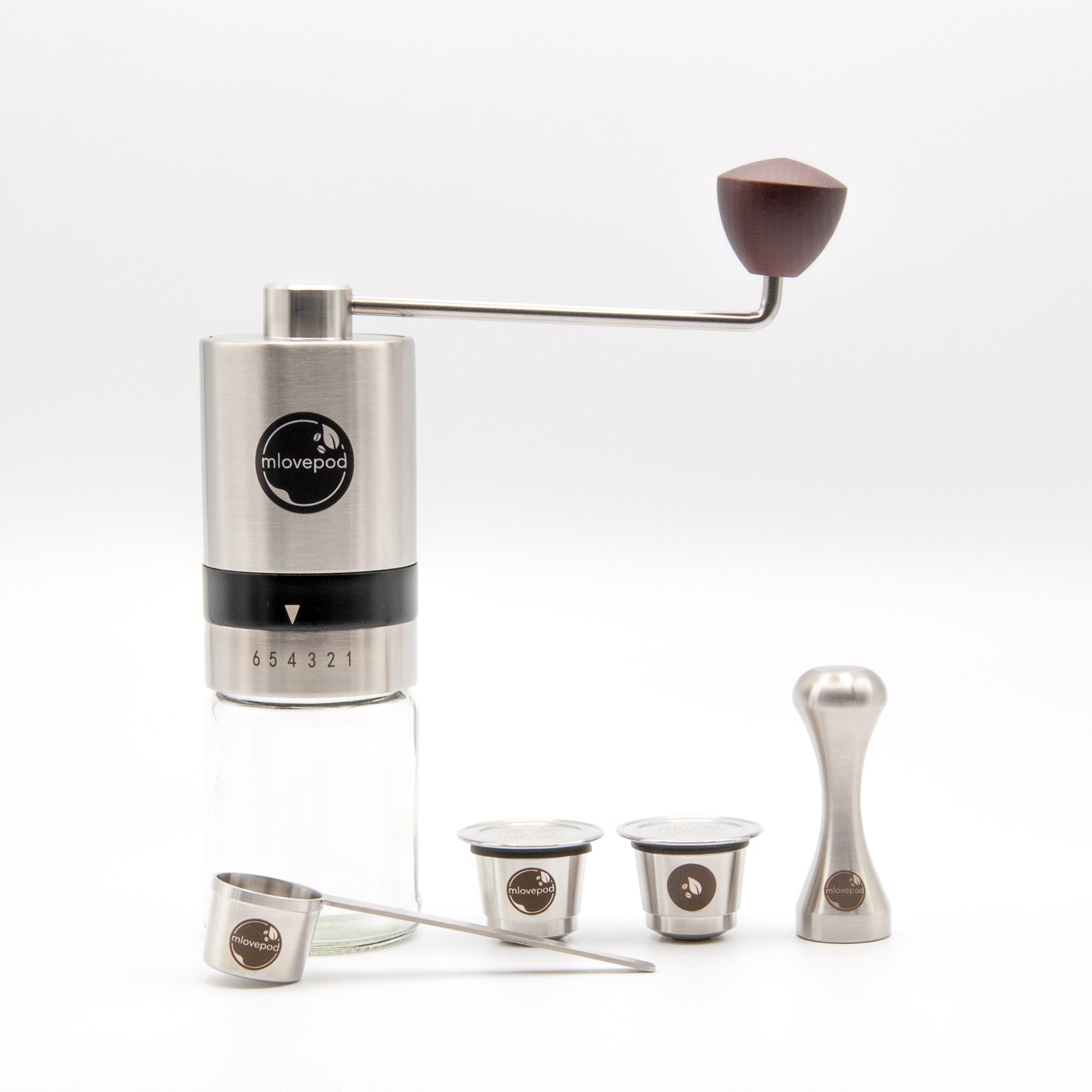 mlovepod BaristaPod Set - Reusable coffee capsules, Grinder and accessories for Nespresso, illy, Caffitaly and K-fee systems.