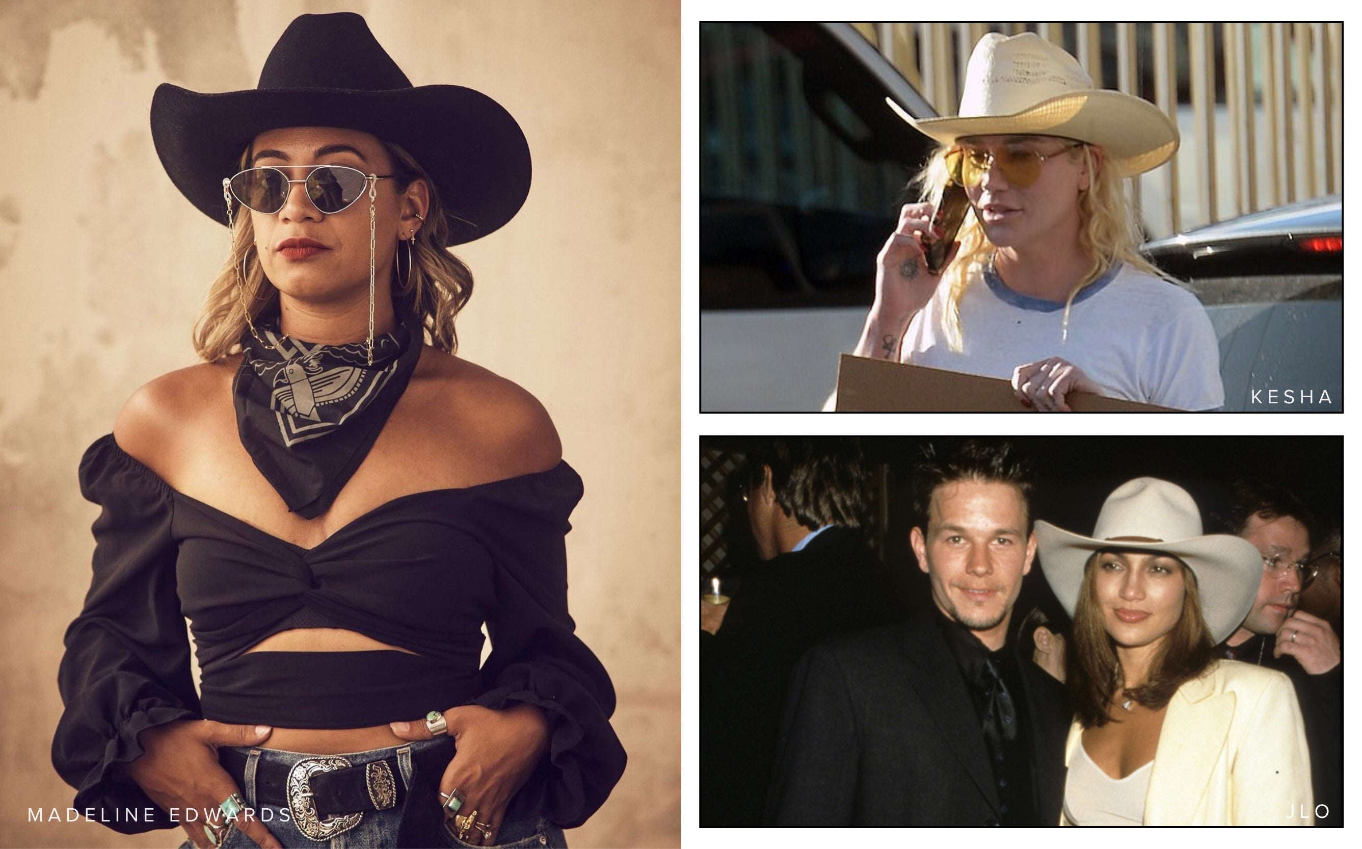 three pop stars shown wearing western style hats