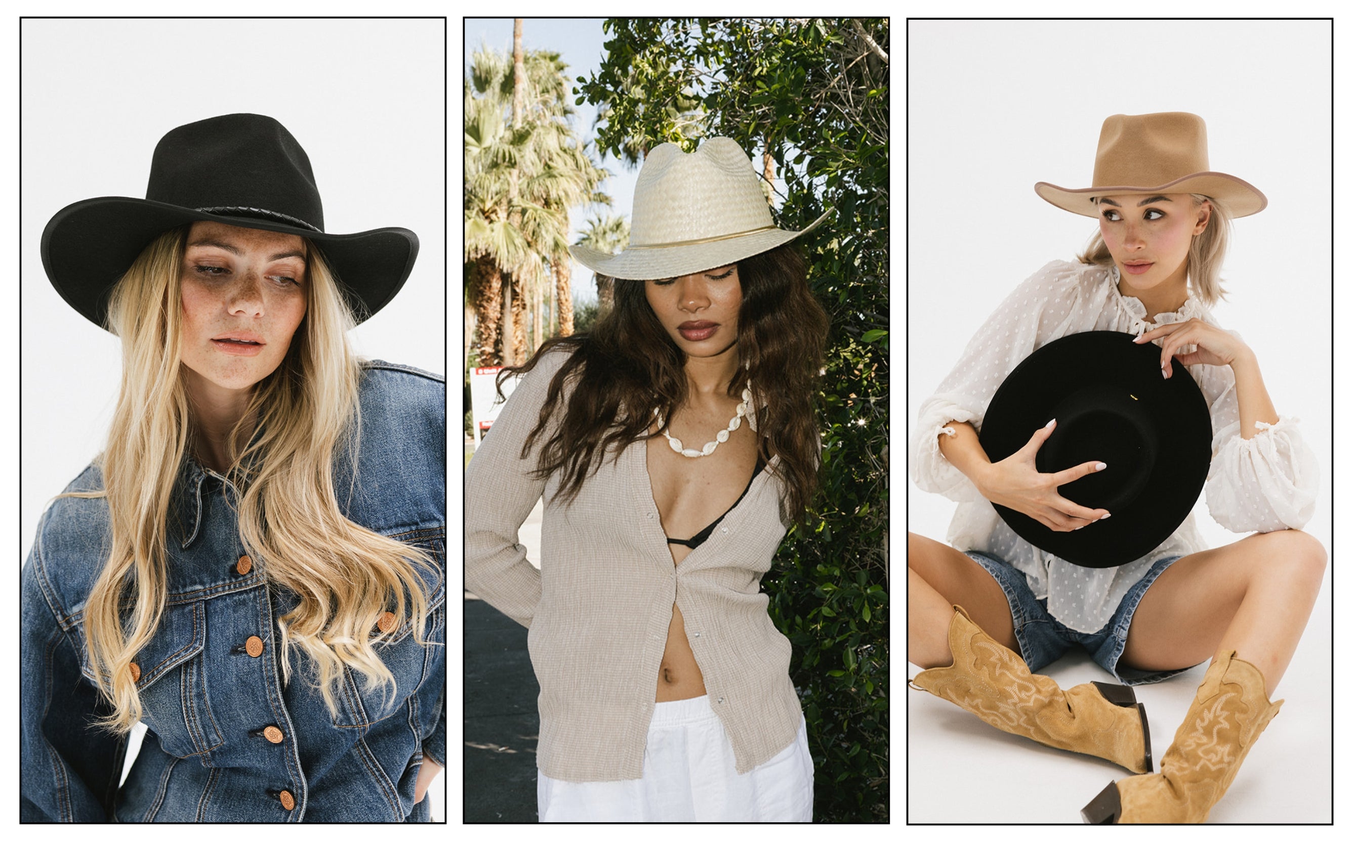 3 images of women in hats that look like the western hats that celebs wear