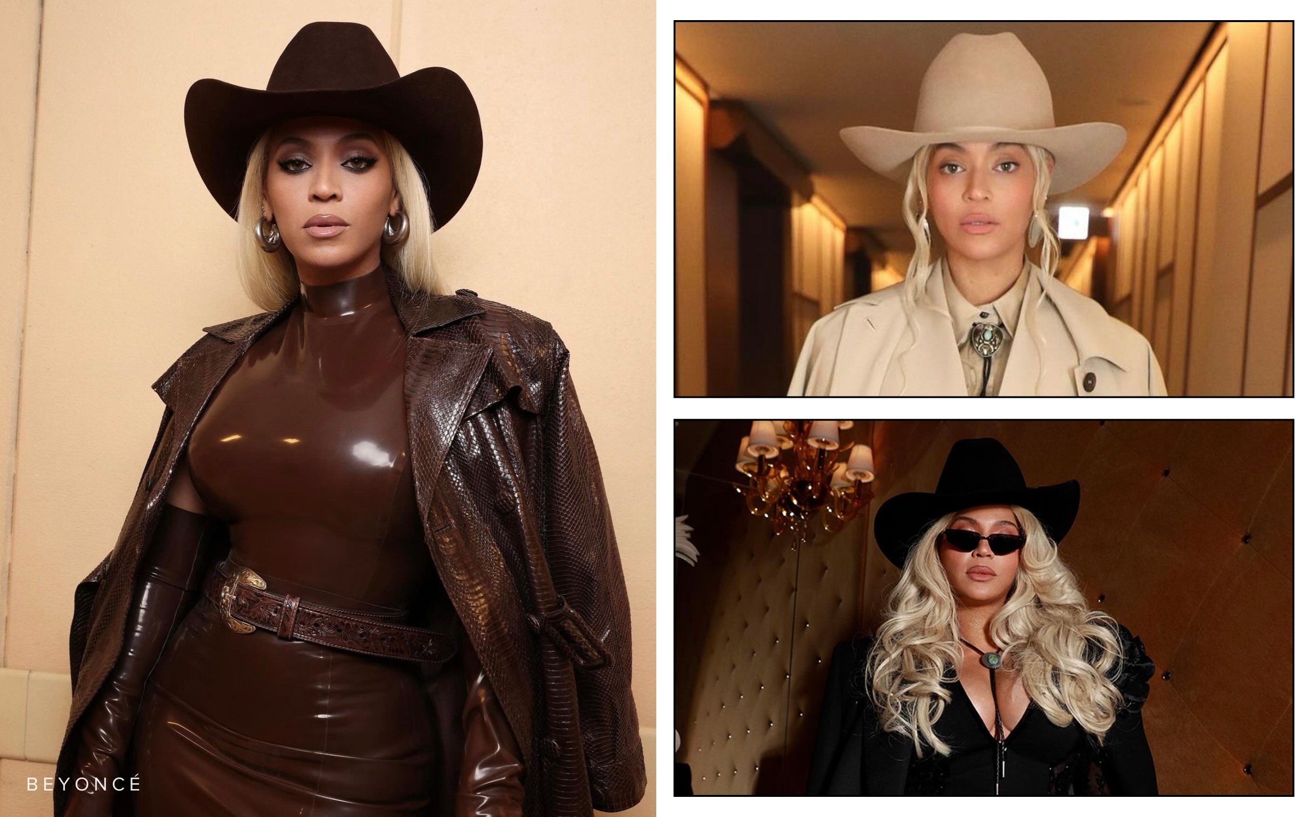 Beyonce shown in three images wearing western hats and accessories