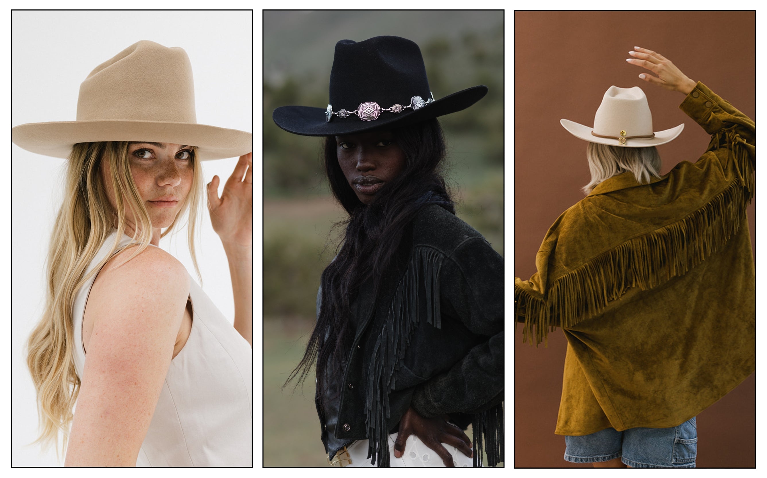 three images of women wearing western felt hats to recreate beyonces western look