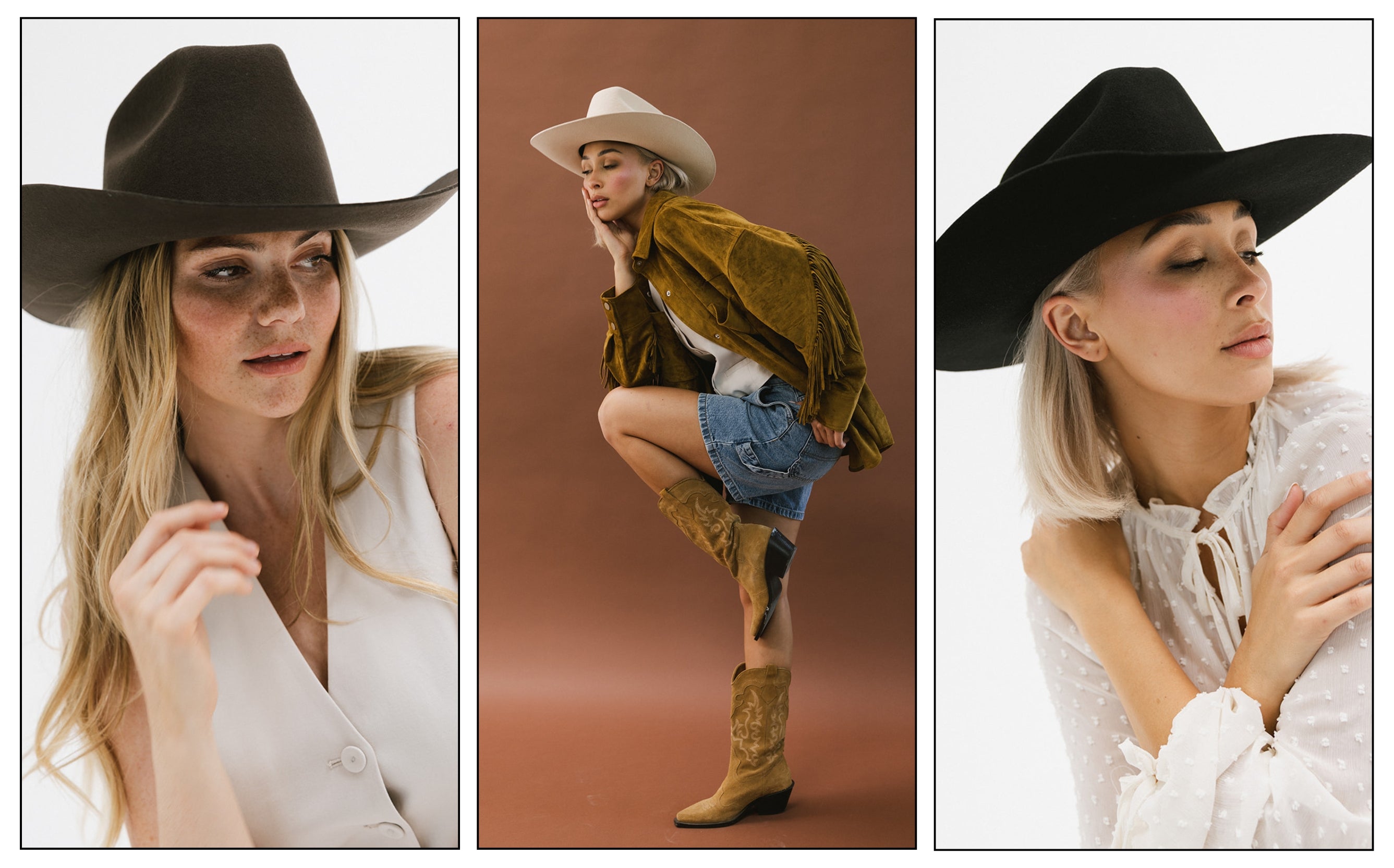three images of women wearing western felt hats to recreate beyonces western look