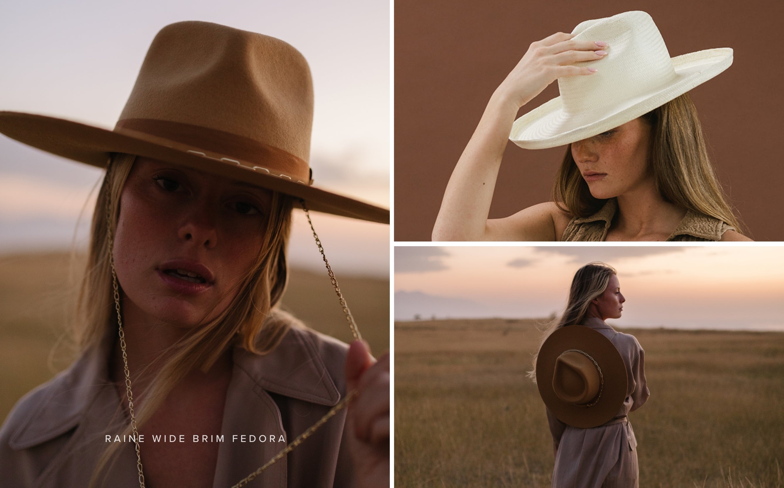 3 photos of women wearing brimmed hats