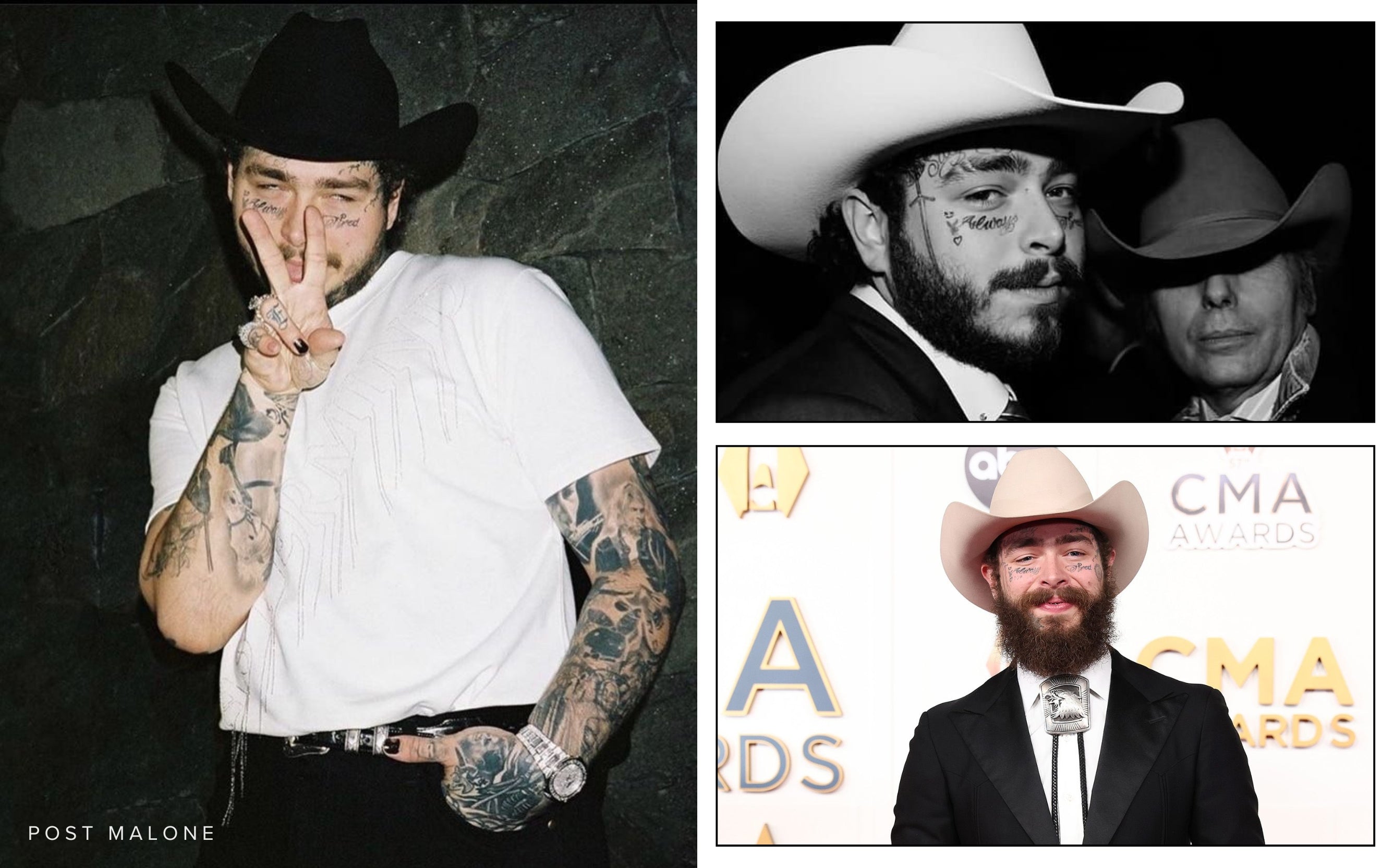 post malone shown on three different occasions wearing suits + cowboy hats