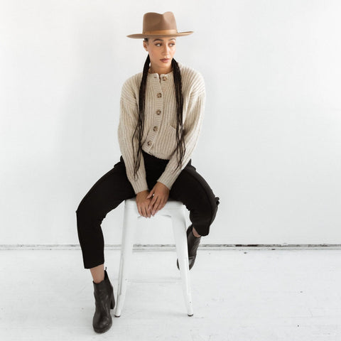 Rancher wool hat with transitional outfit
