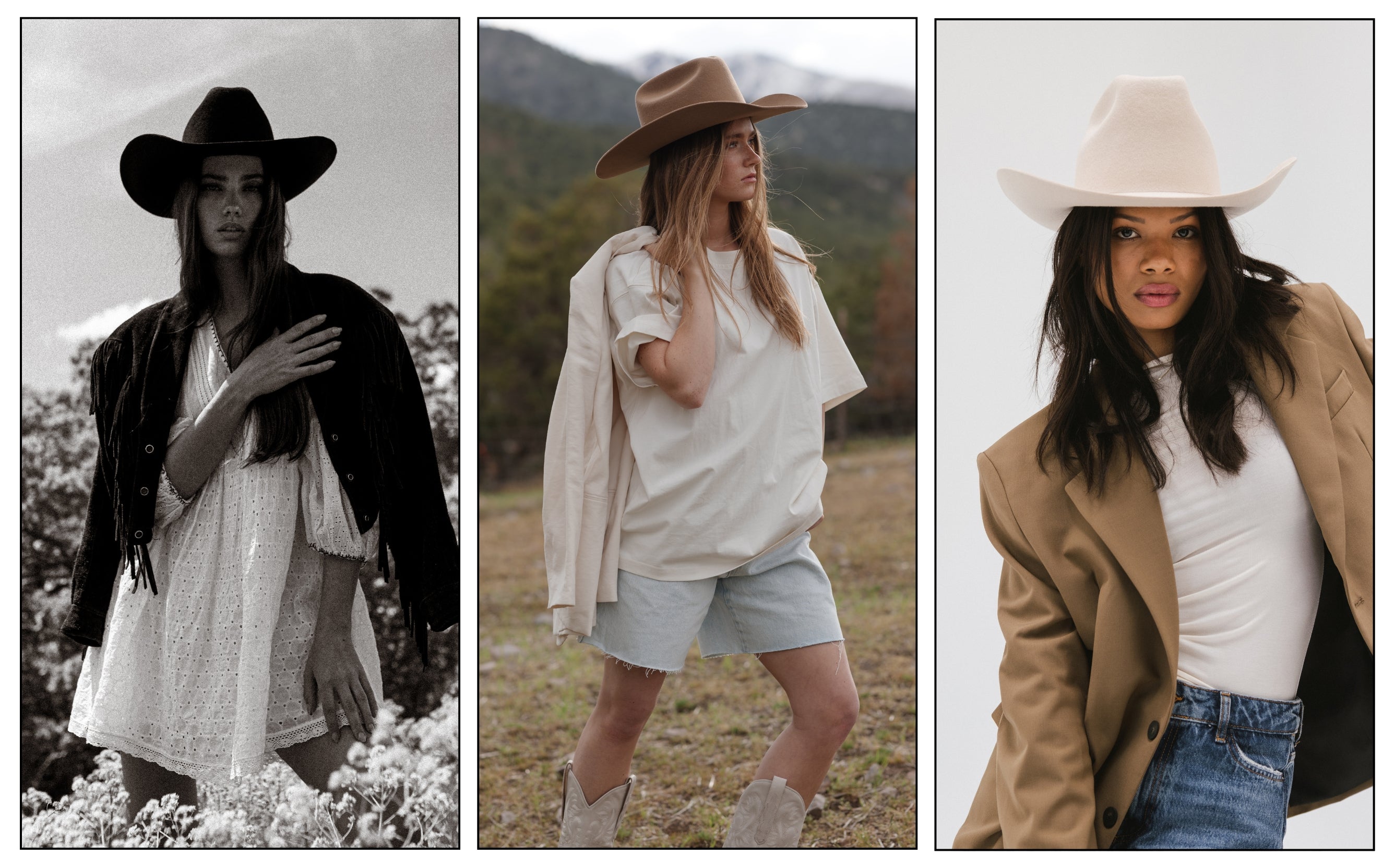 three images of women wearing cowgirl hats and showing their outfits for styling tips