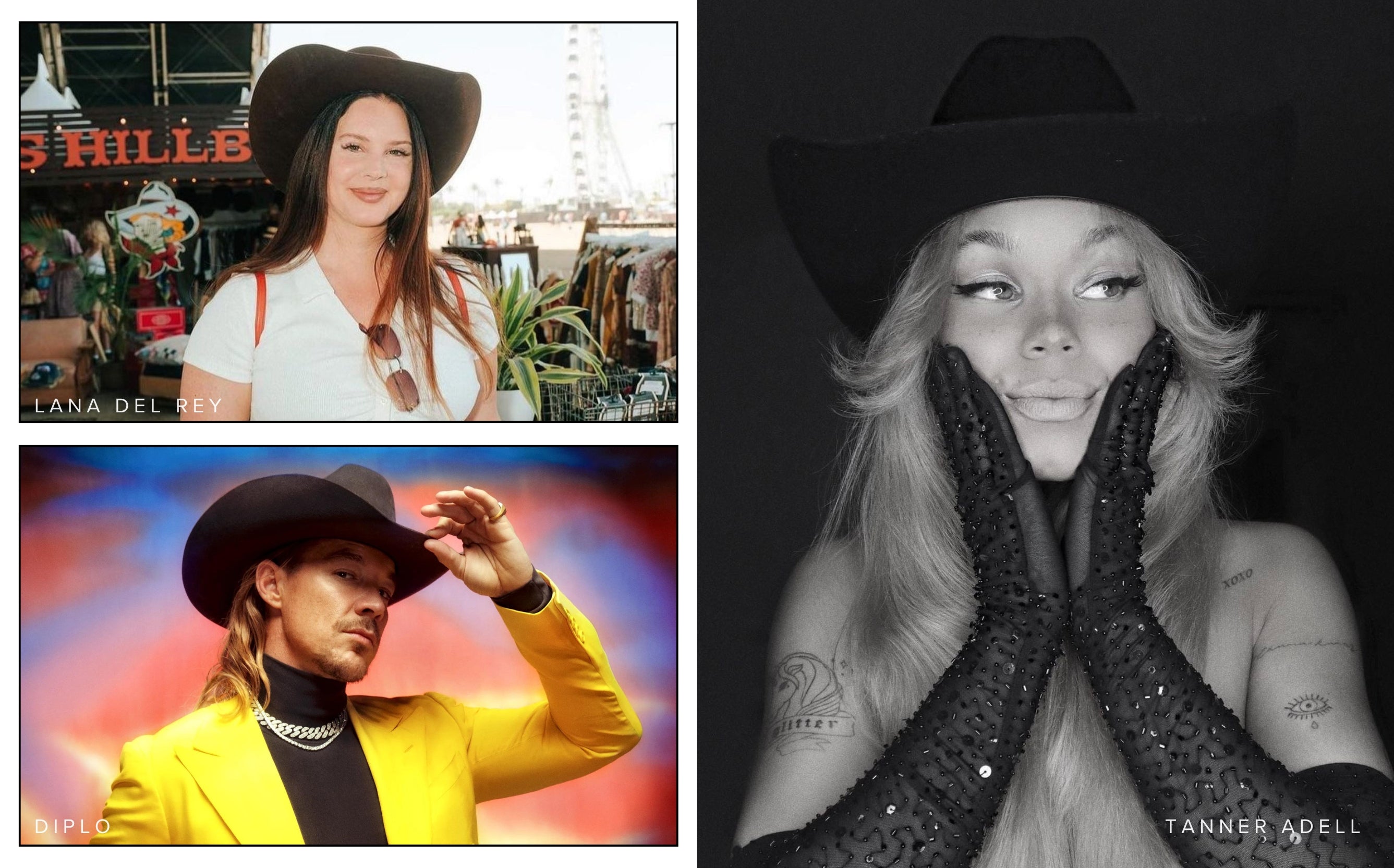 3 celebrities shown wearing cowgirl hats and cowboy hats for outfit inspiration