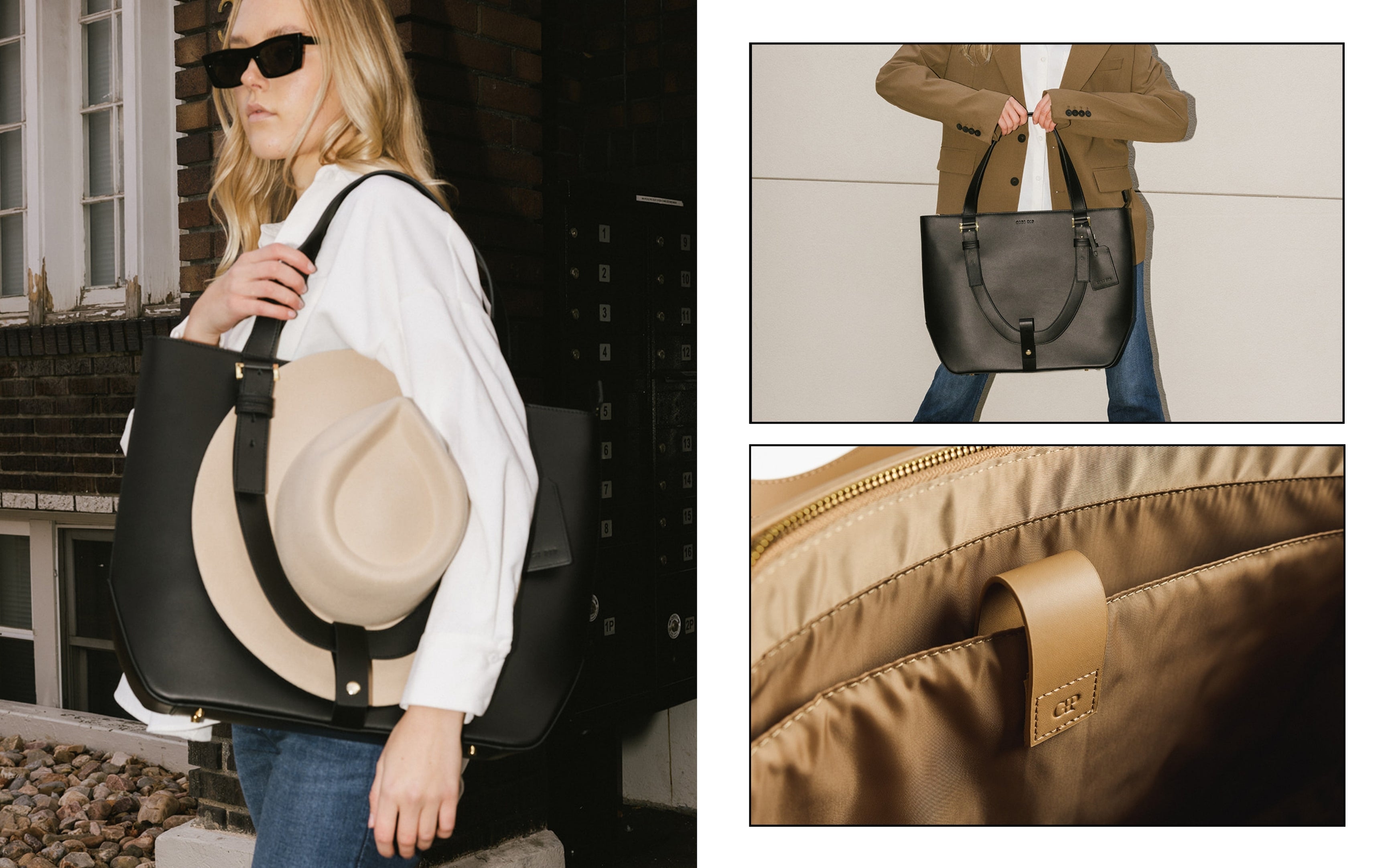 three photos of the hayes hat carrying tote and a woman wearing it