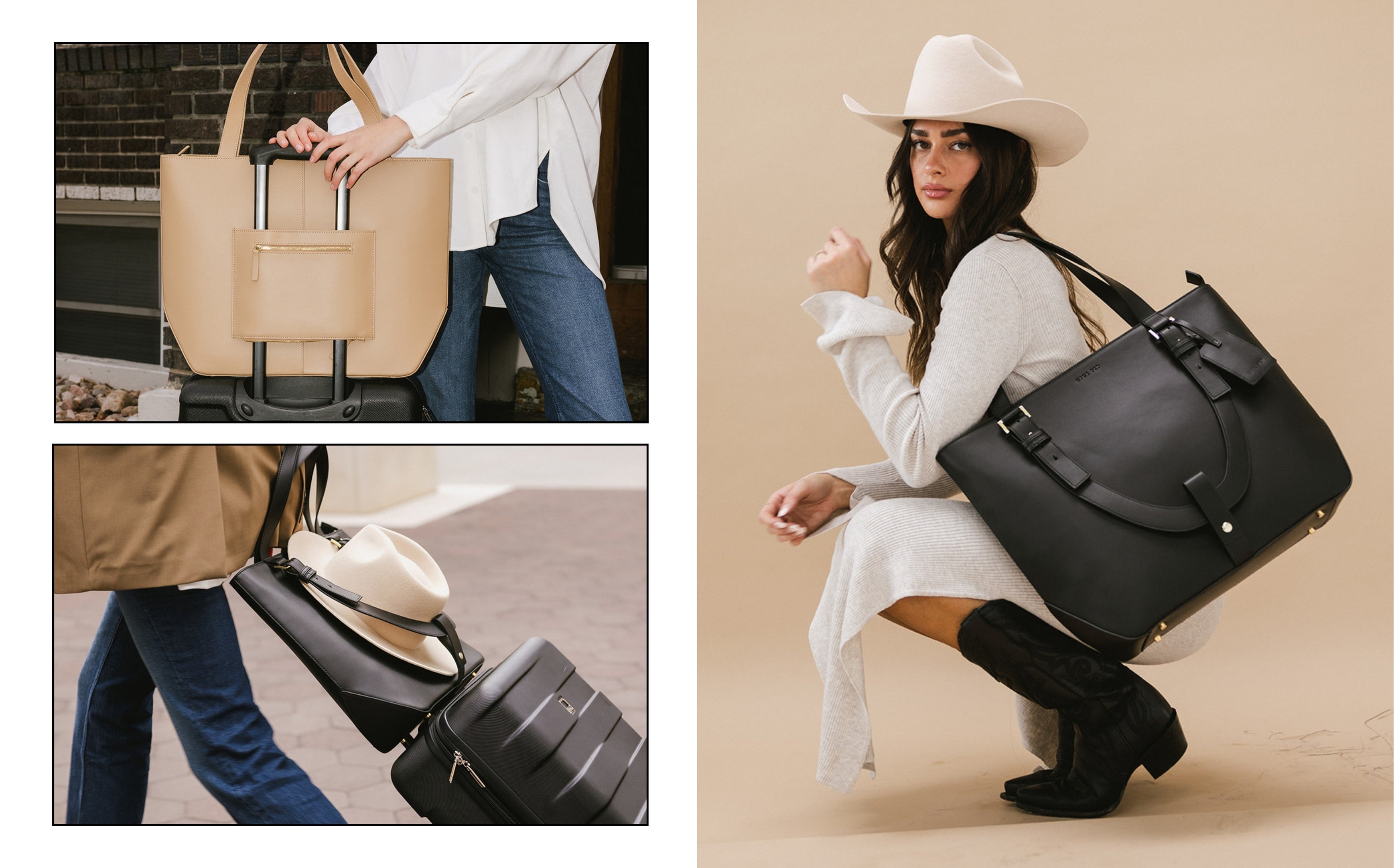 hayes hat carrying tote featured on a rolling suitcase and a woman in a western hat wearing the bag