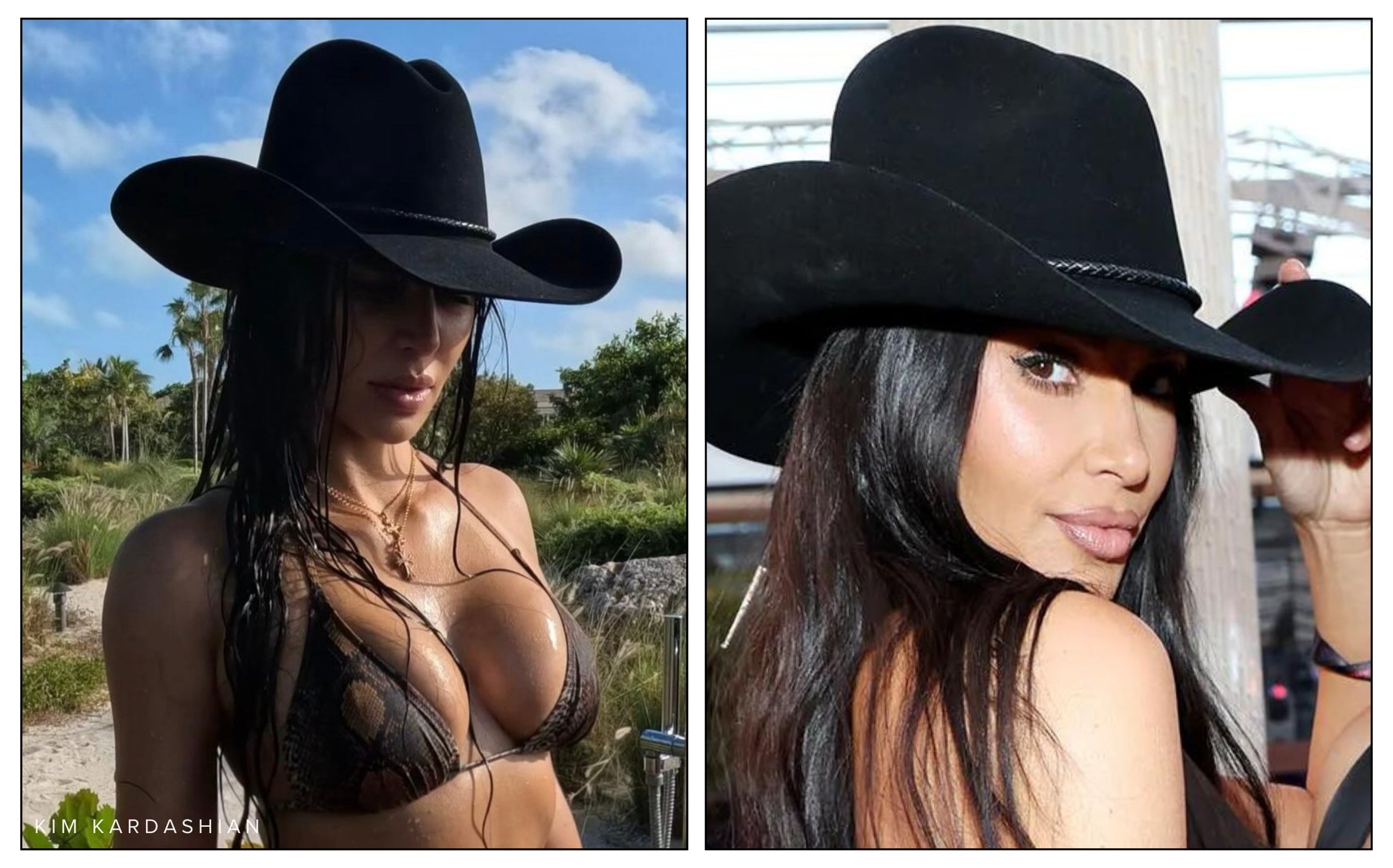 Kim Kardashian shown on two occasions wearing a black cowgirl hat in a bikini and with another celebrity