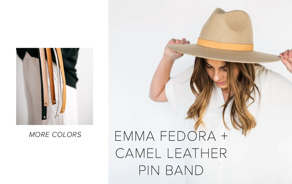 Emma fedora with camel pin hat band