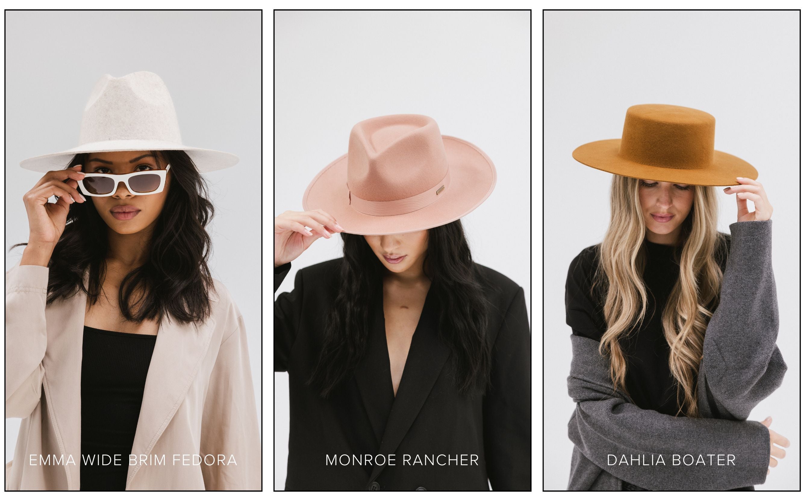 Emma Wide Brim Fedora Monroe Rancher in Dusty Pink Dahlia Boater in Brown