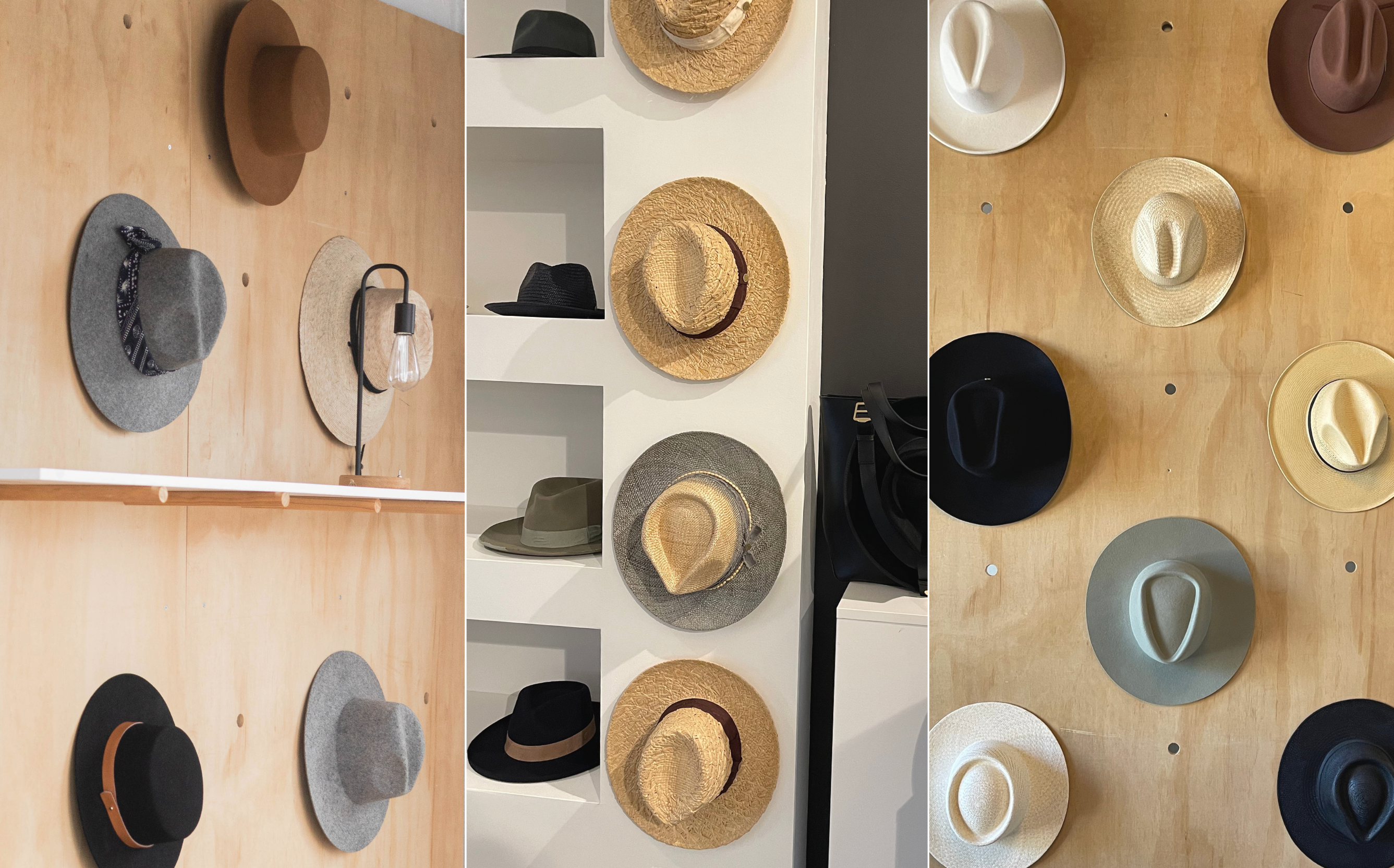 Three photos of felt + straw hats hanging on a natural wood pegboard