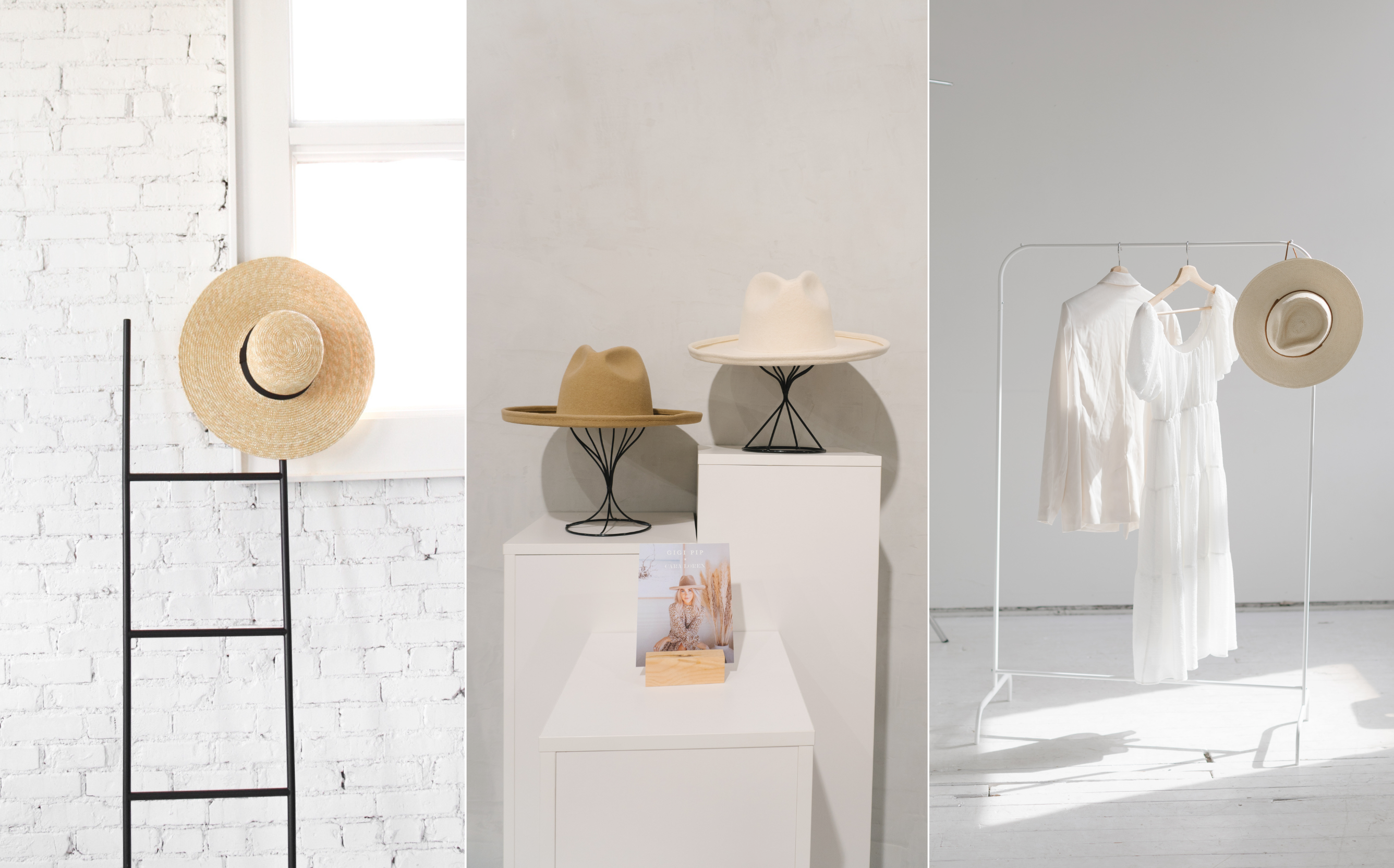 Three photos showing straw + felt hats hanging on a hat display stand in three different scenarios