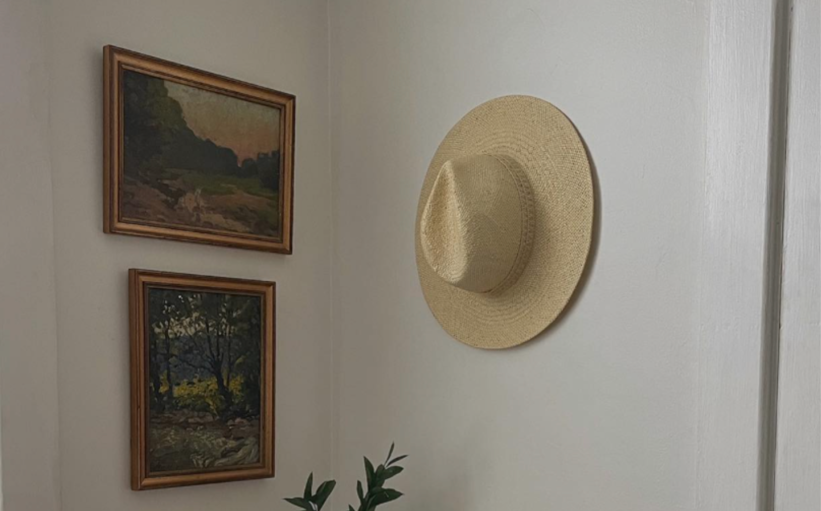 Two paintings on a wall, a plant, and a hanging hat