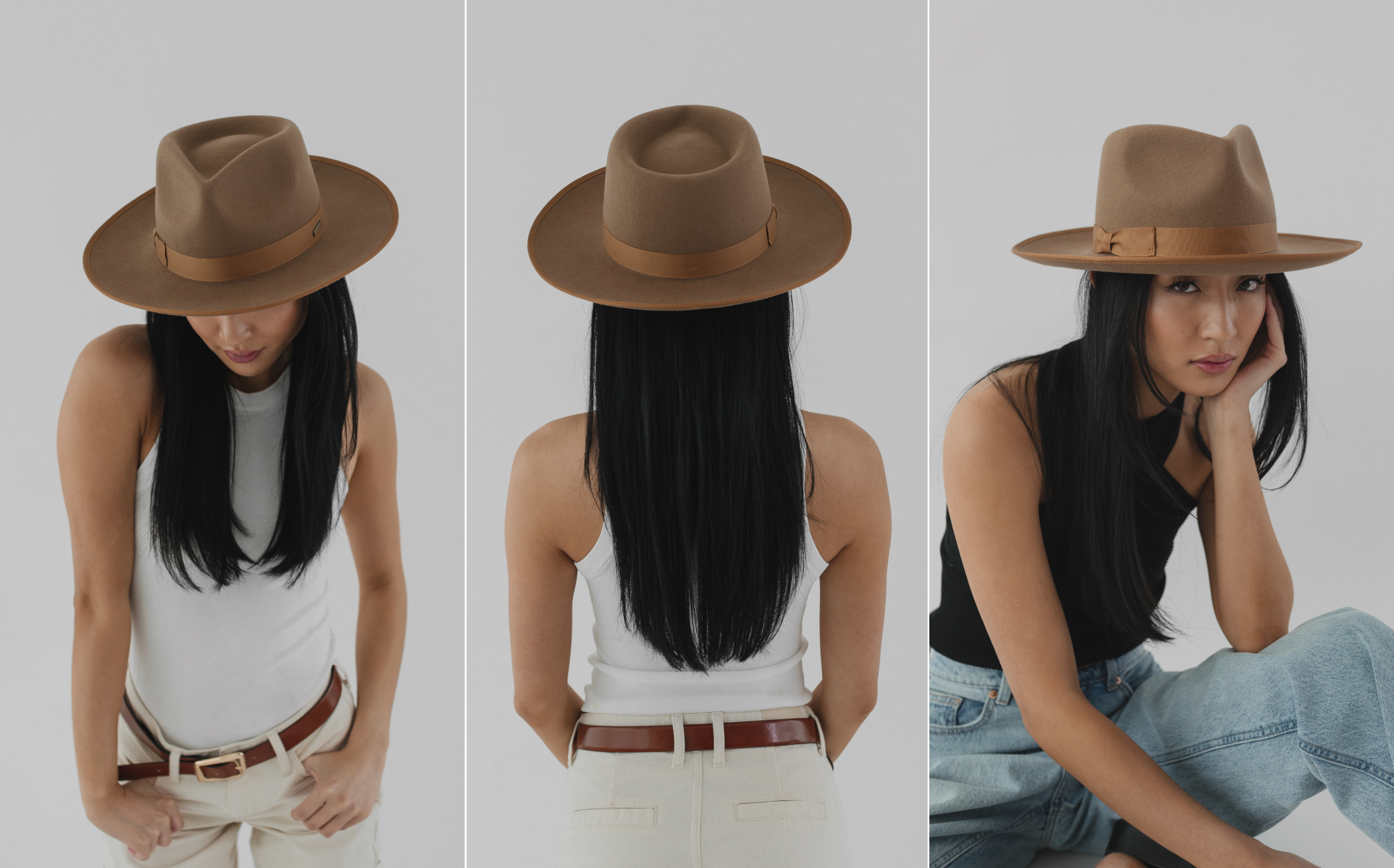 A female model posing three ways while wearing a brown gigi pip fedora hat