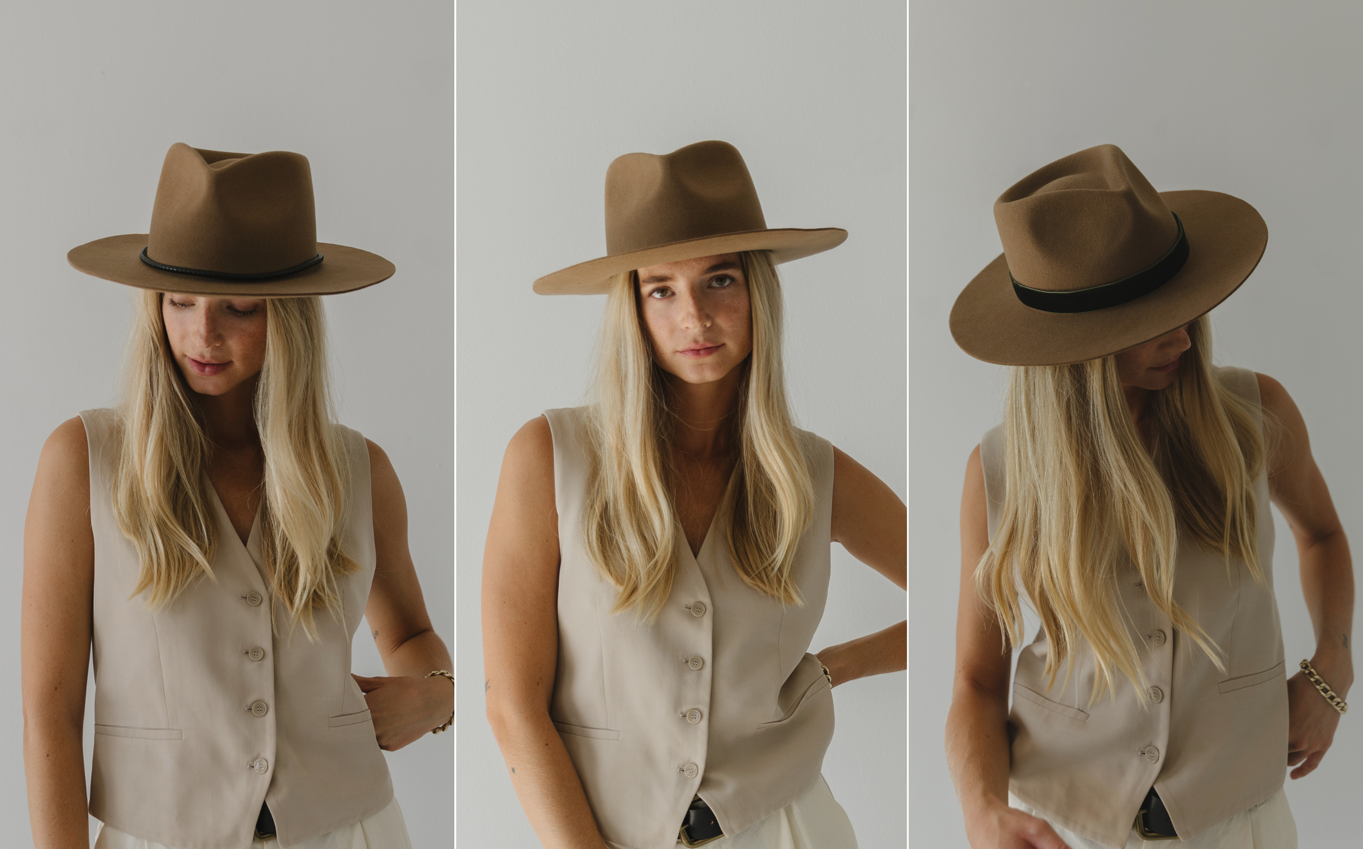 A female model posing three ways while wearing a brown gigi pip rancher hat