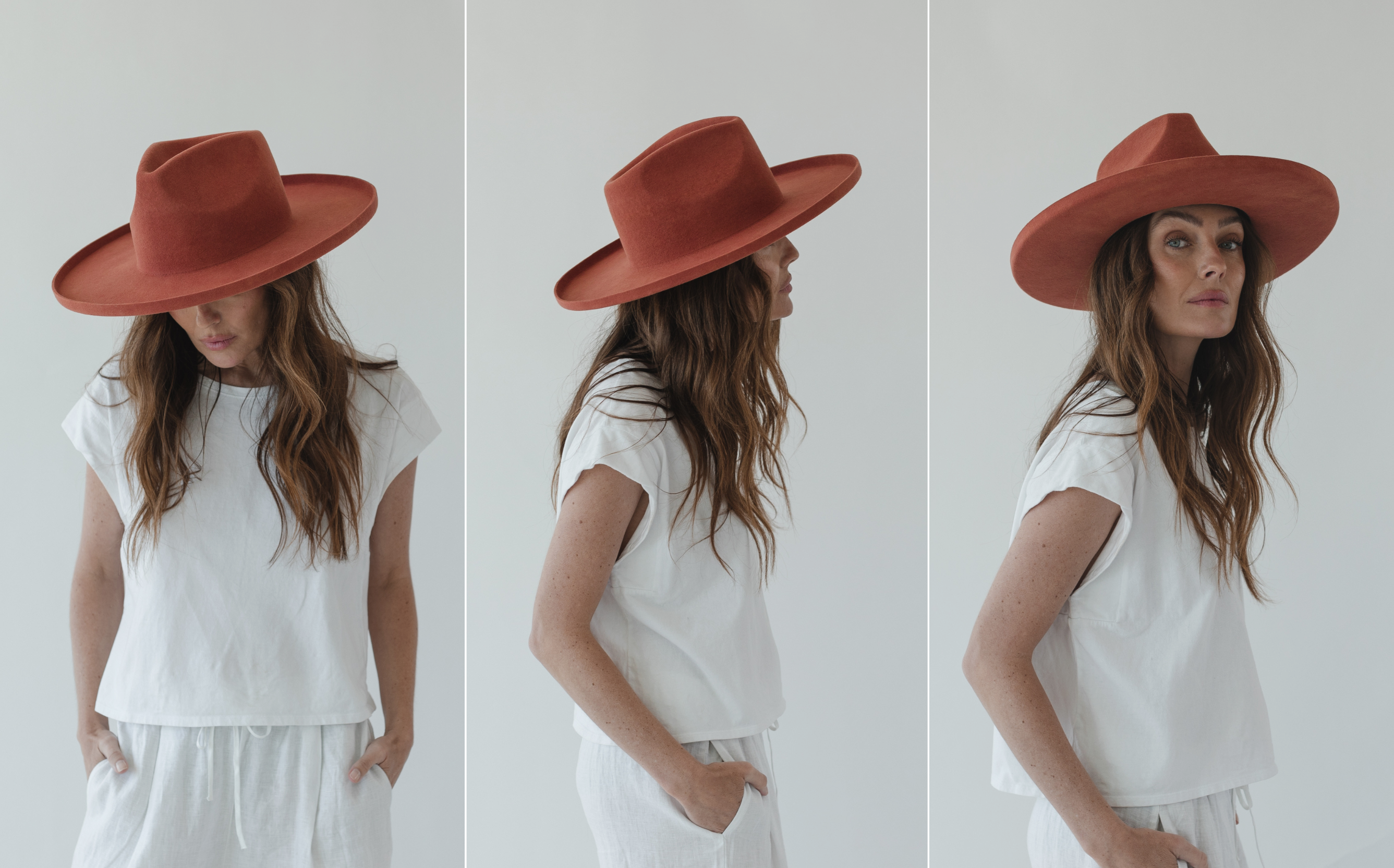 A women modeling clay colored cowboy hat brim shapes in three different angles