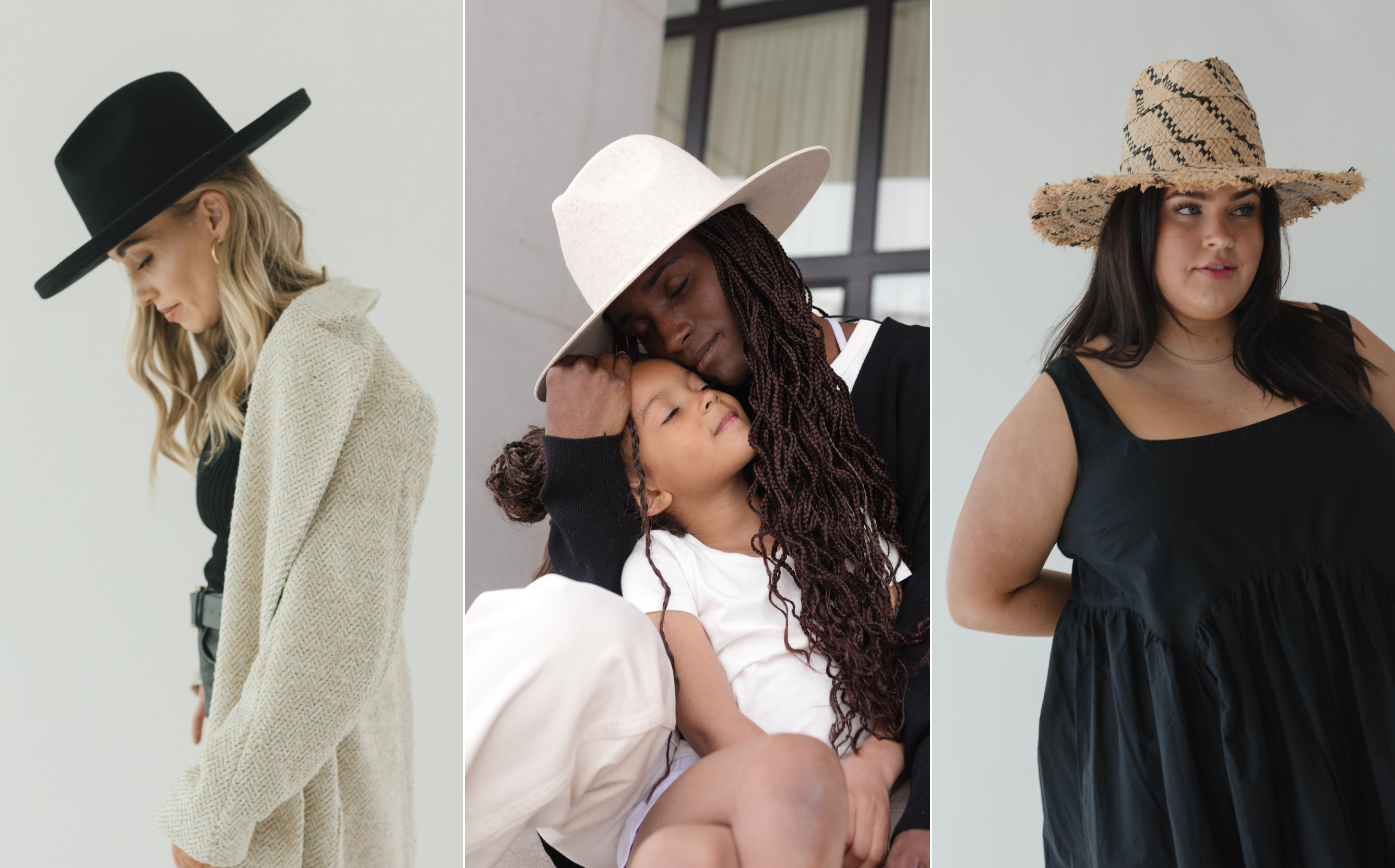 Three images of women wearing a different hat color