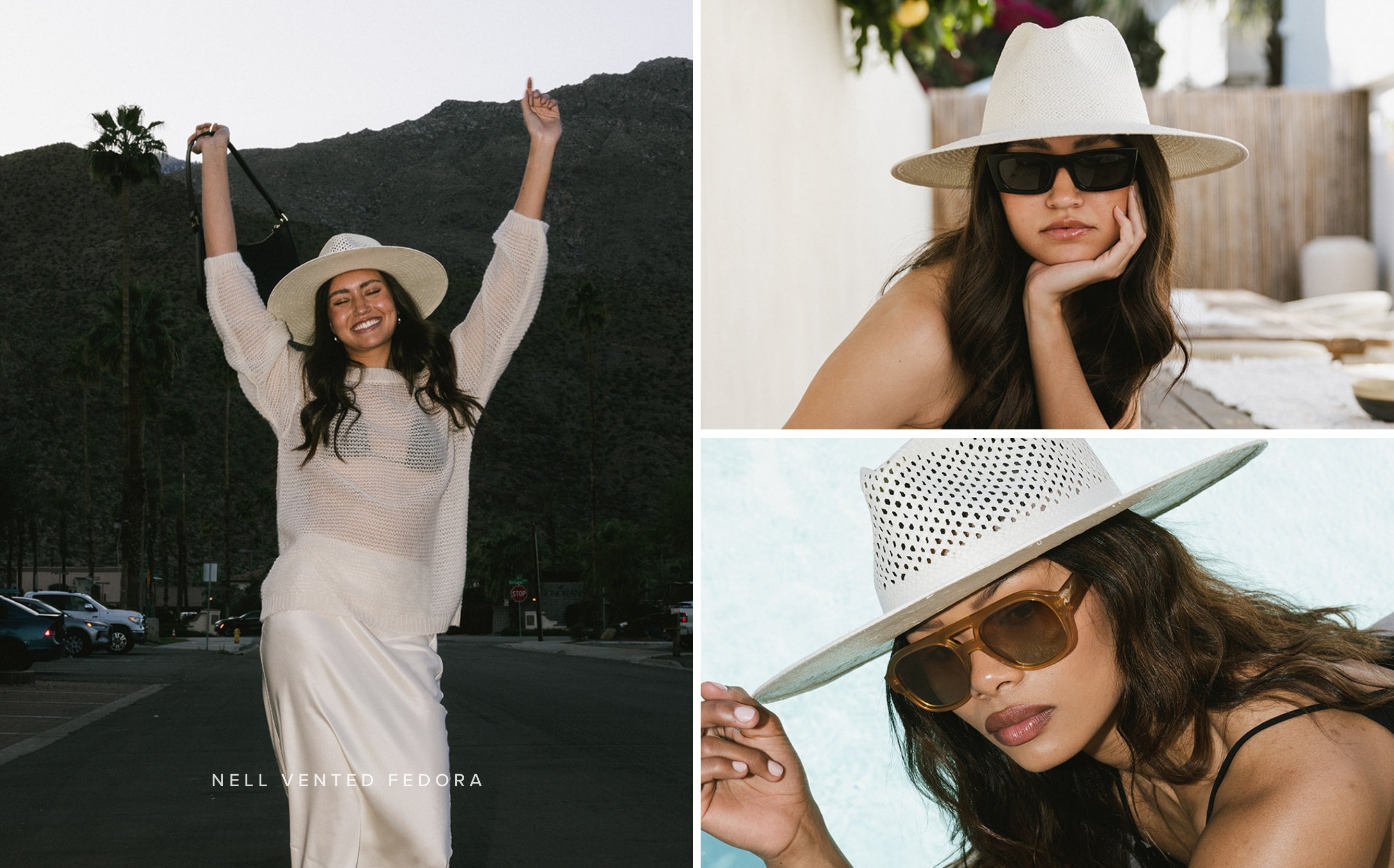 3 images of women wearing straw hats doing outdoor activities