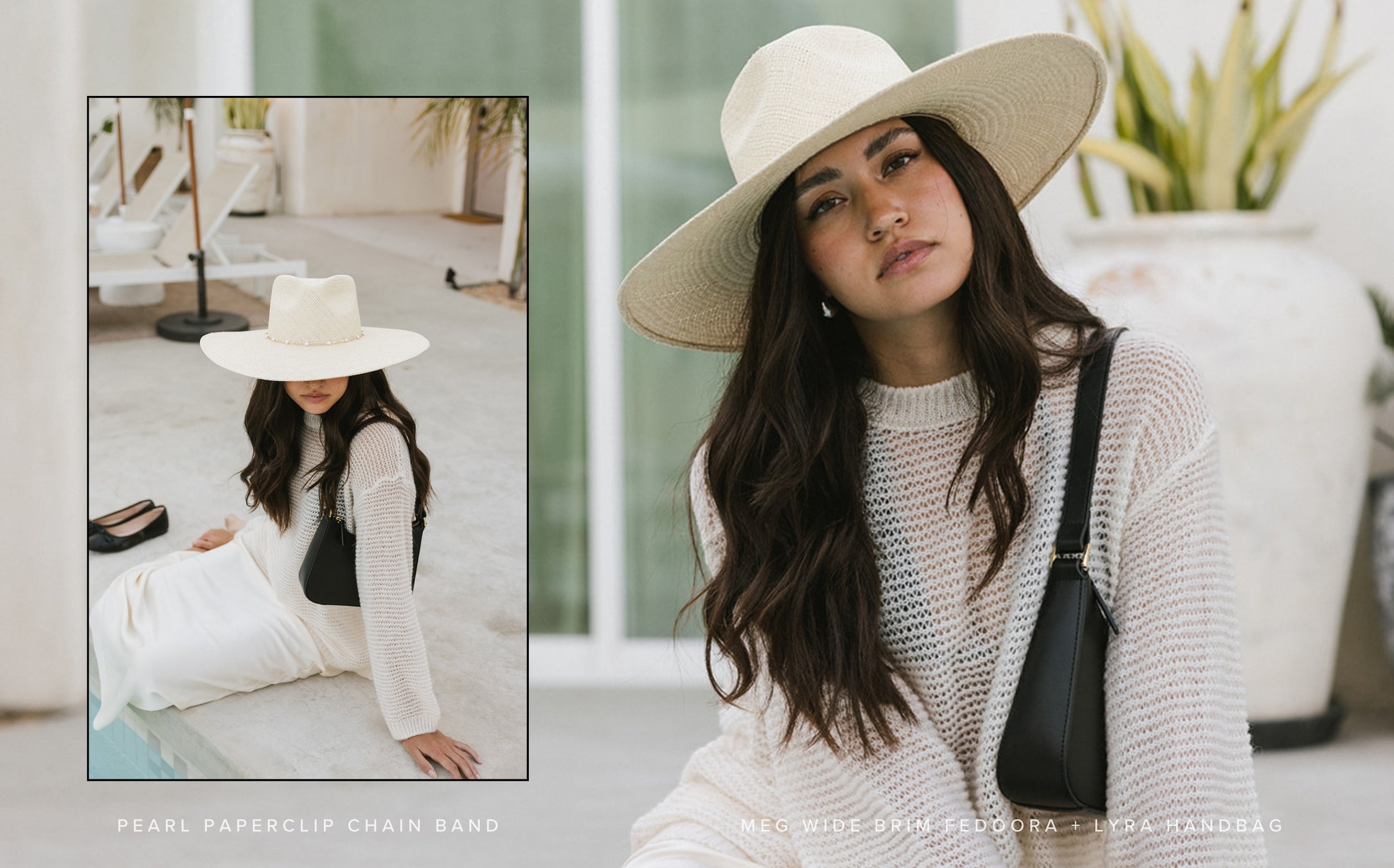 woman shown wearing four luxury high quality accessories by the pool