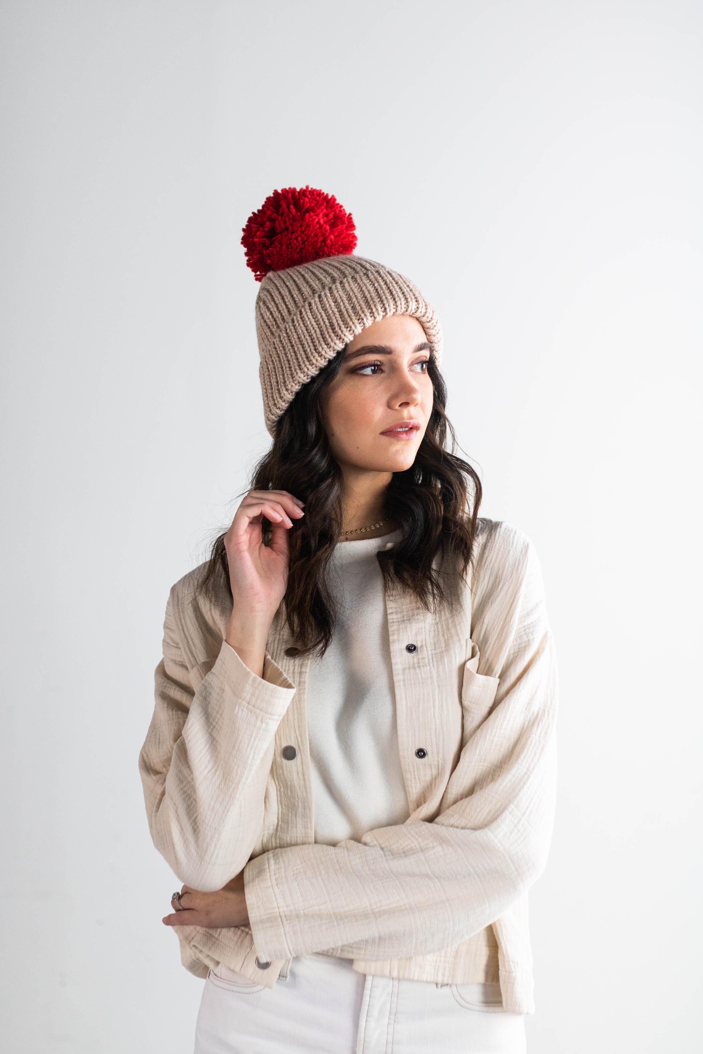 Emery Beanie - Oatmeal with Red Pom