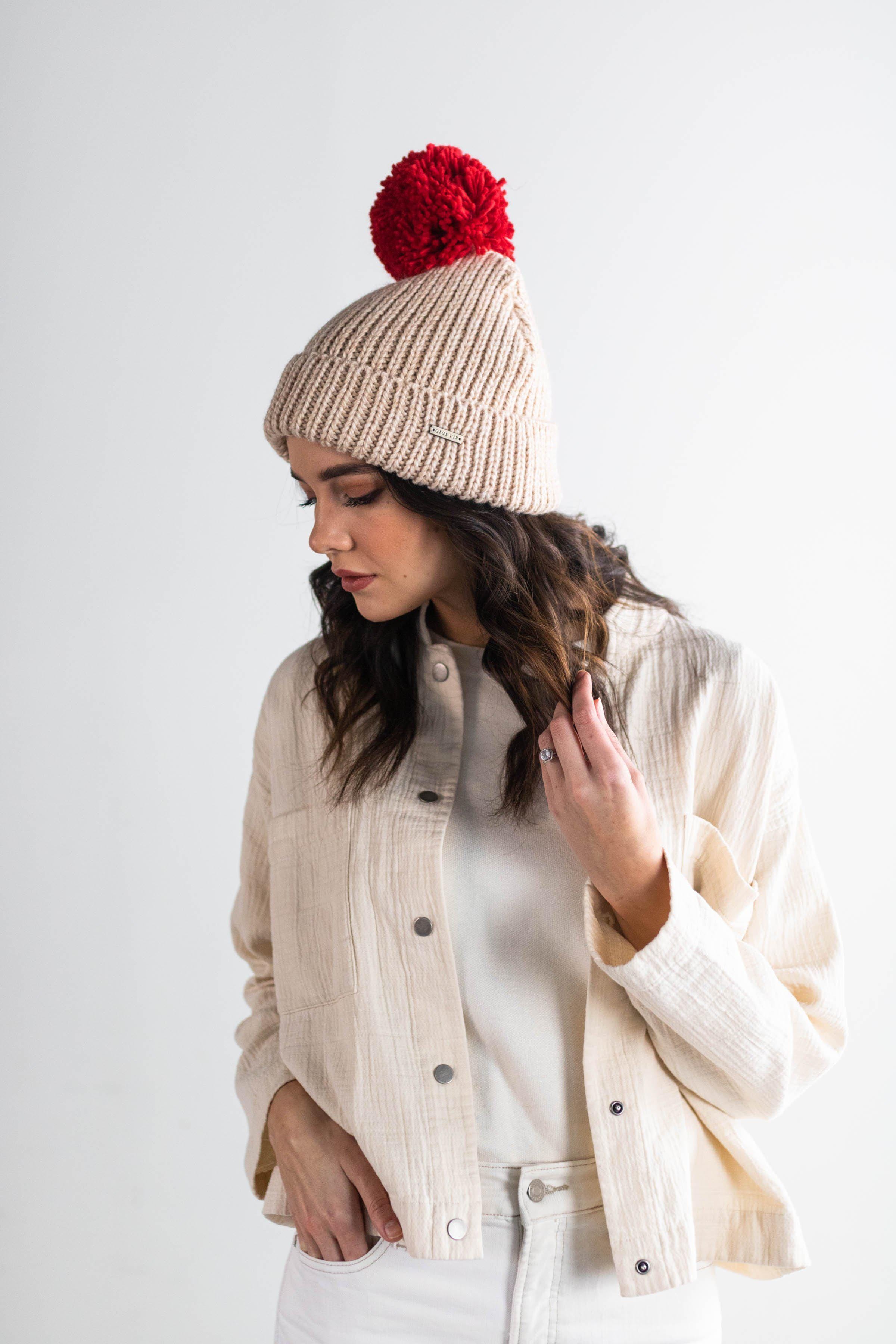 Emery Beanie - Oatmeal with Red Pom